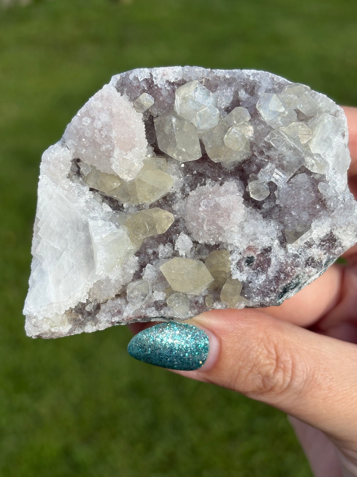 AAA Green Golden Apophylite on Vibrant Pink Druzy Bubble Chalcedony Cluster