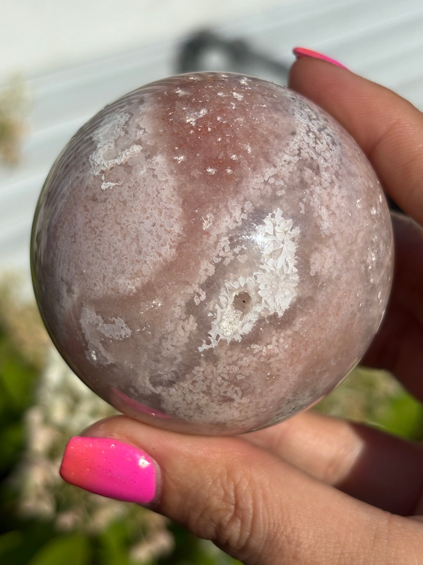 Unique pink flower agate sphere