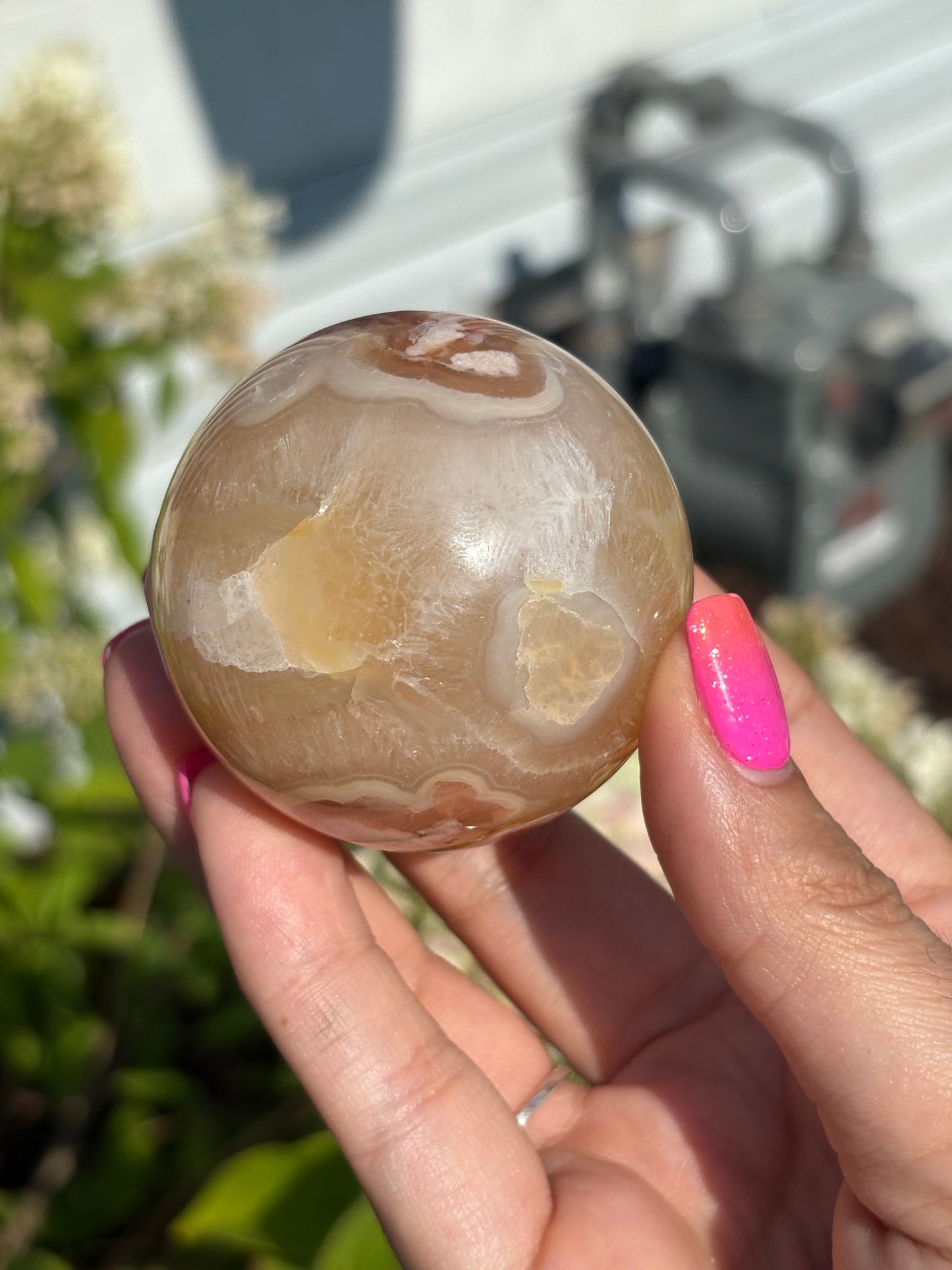 Carnelian flower agate sphere