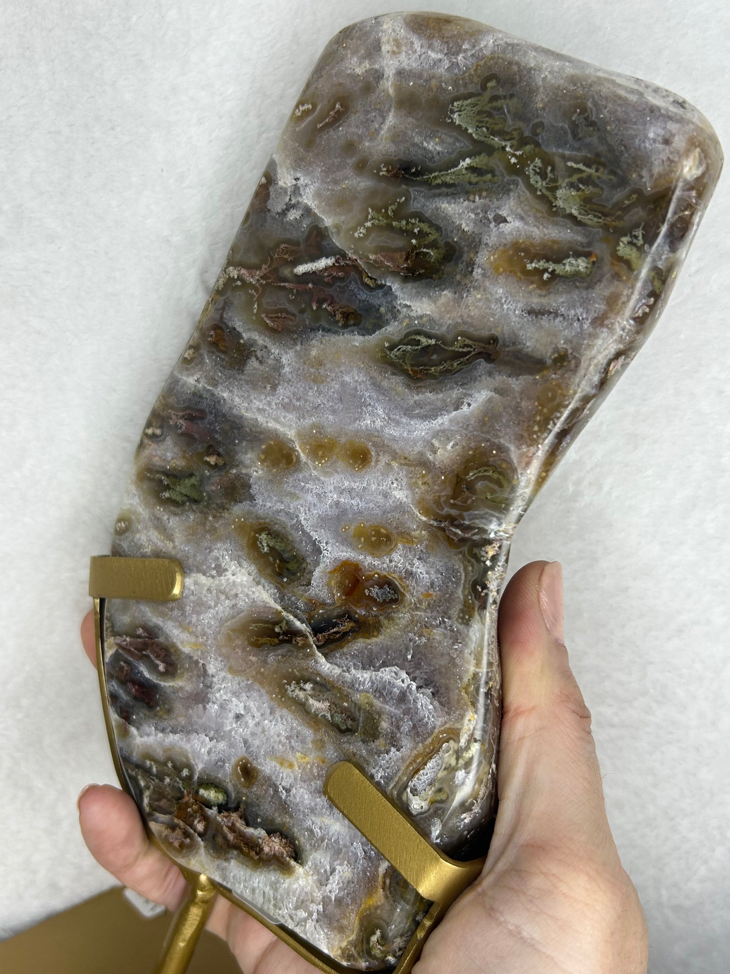 Druzy Agate w/ moss inclusions slab on stand