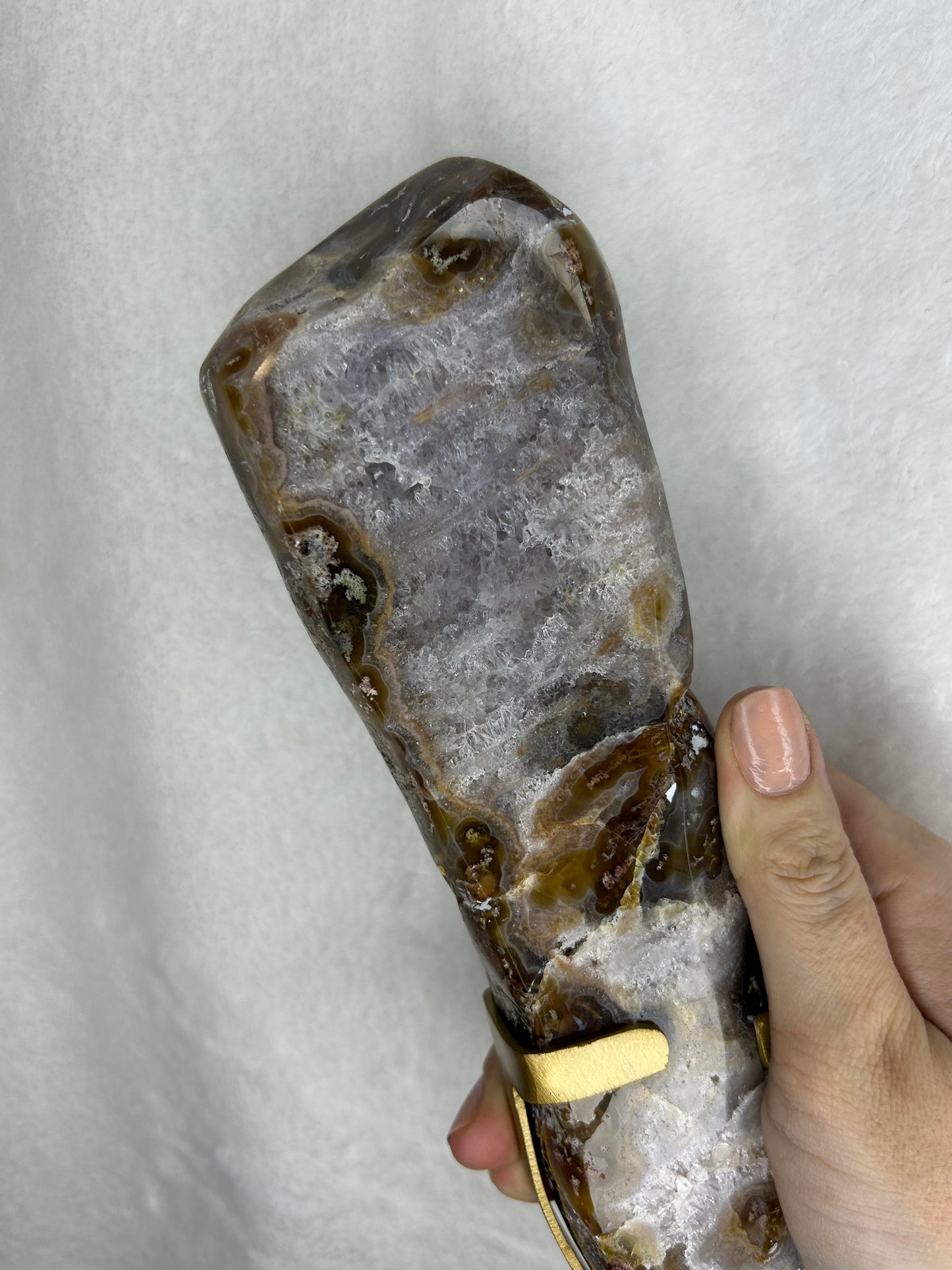 HQ druzy agate with moss inclusions slab on stand C