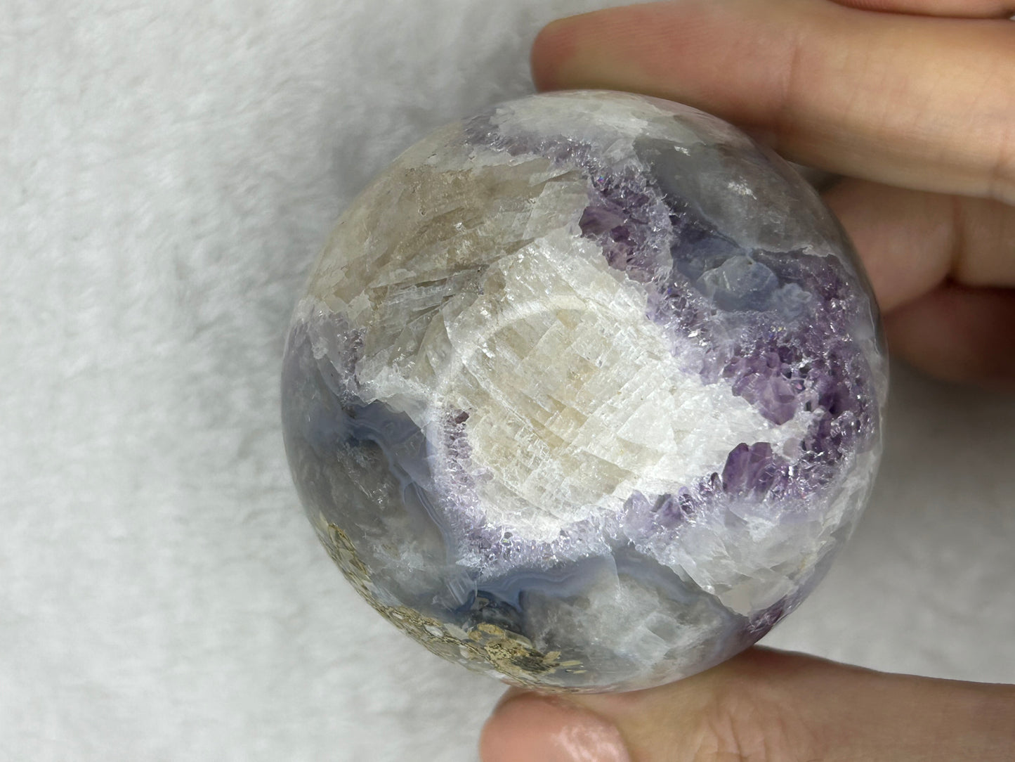 Amethyst, pink calcite & Druzy agate sphere A