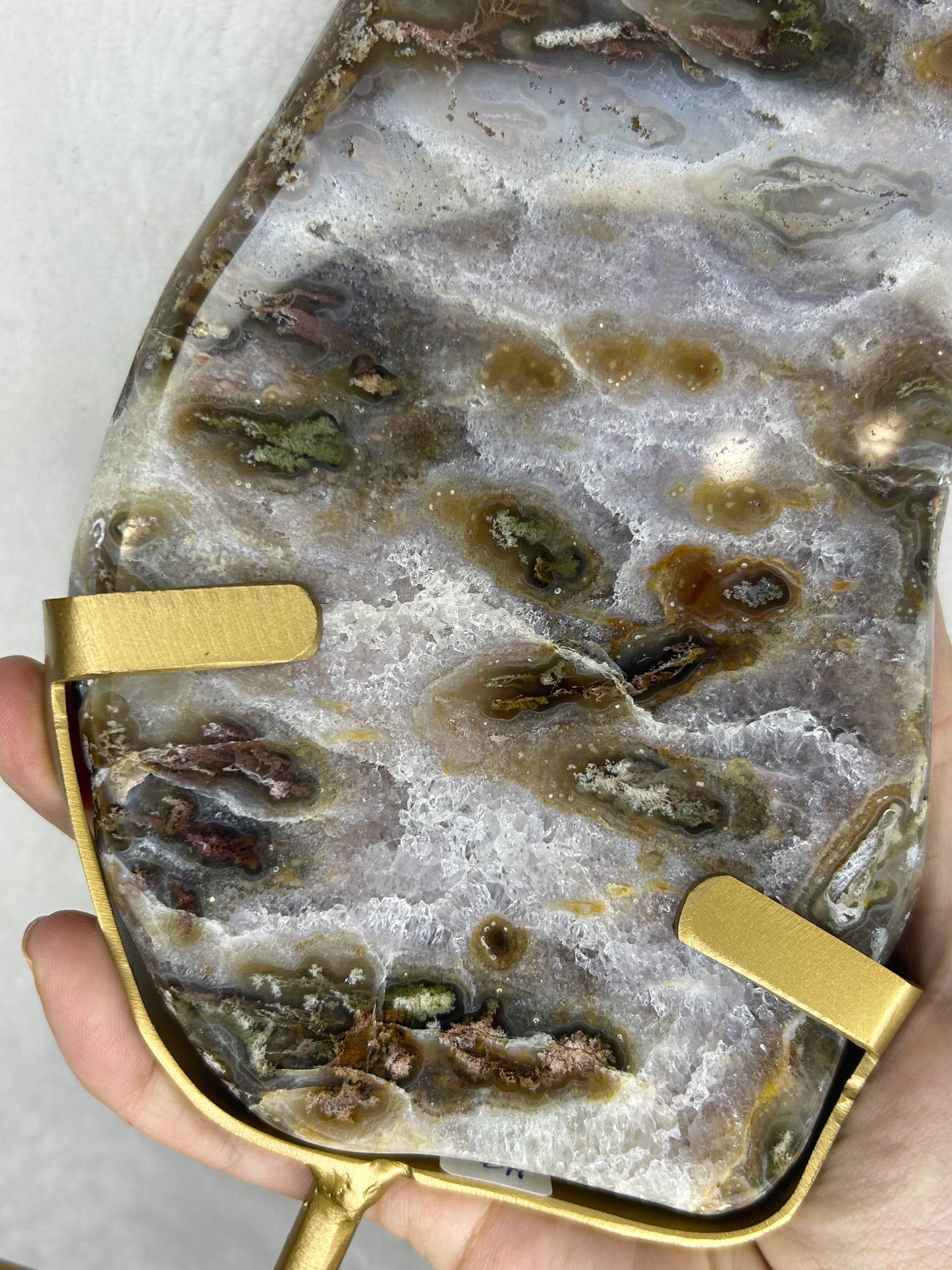 Druzy Agate w/ moss inclusions slab on stand