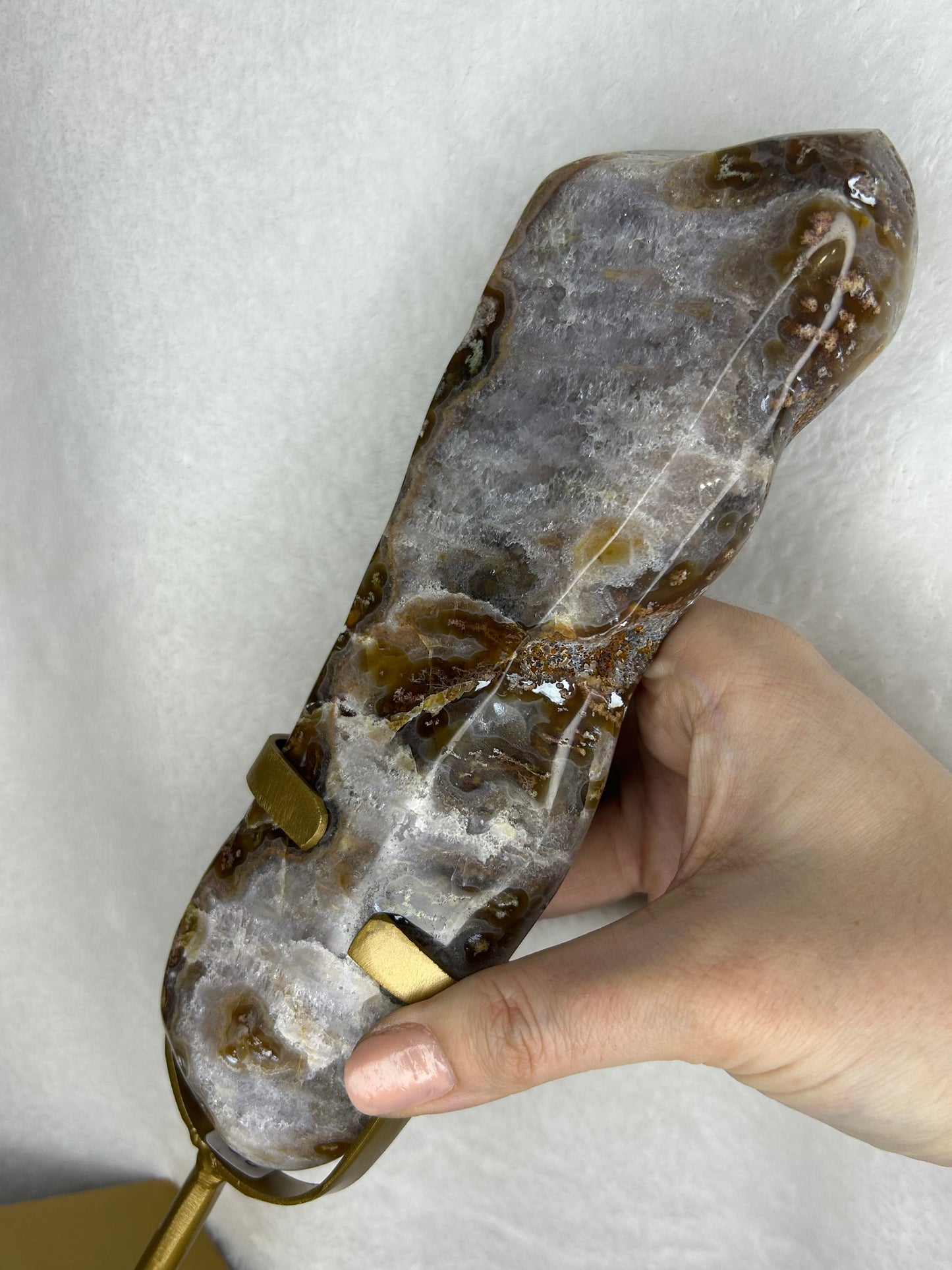 HQ druzy agate with moss inclusions slab on stand C
