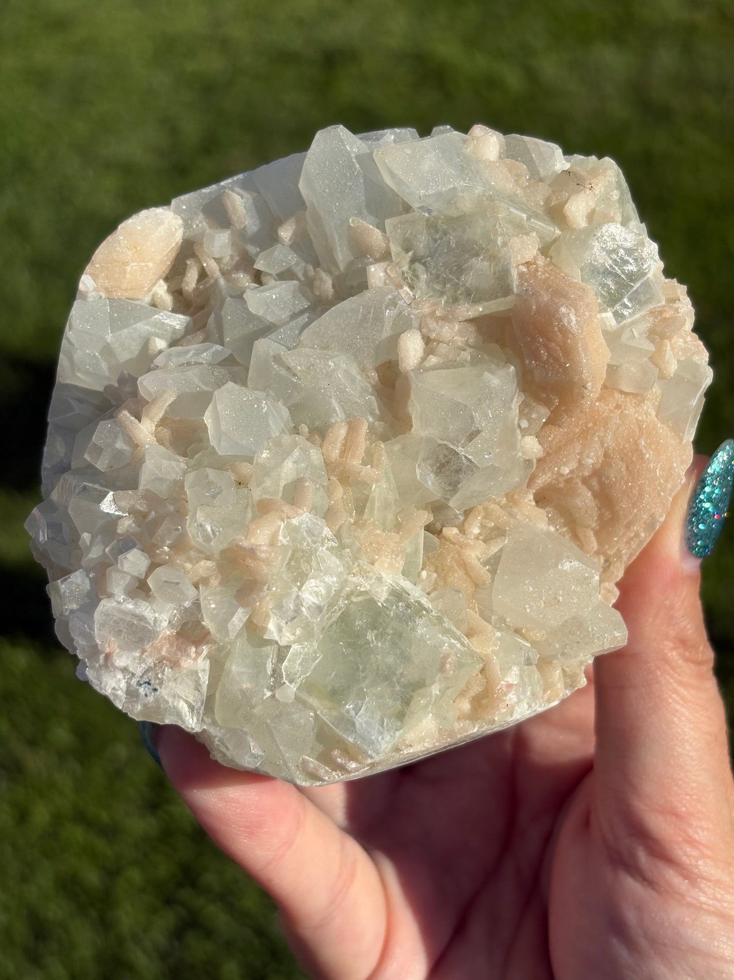 AAA Green & Gold Sugary coated Apophylite w/ Peach Stillbite Cluster