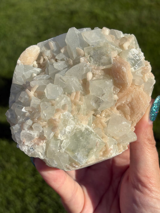 AAA Green & Gold Sugary coated Apophylite w/ Peach Stillbite Cluster