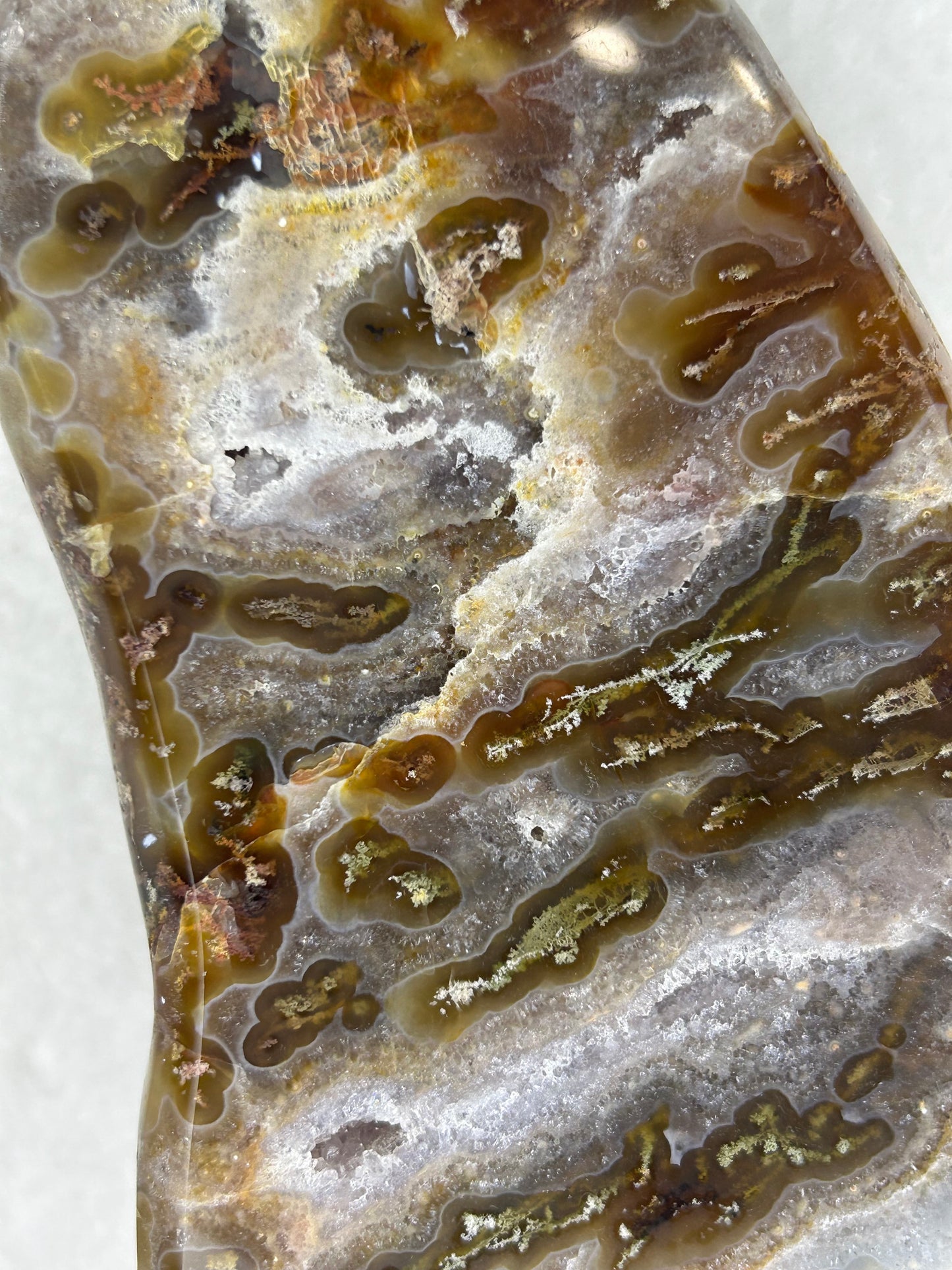 HQ druzy agate with moss inclusions slab on stand B