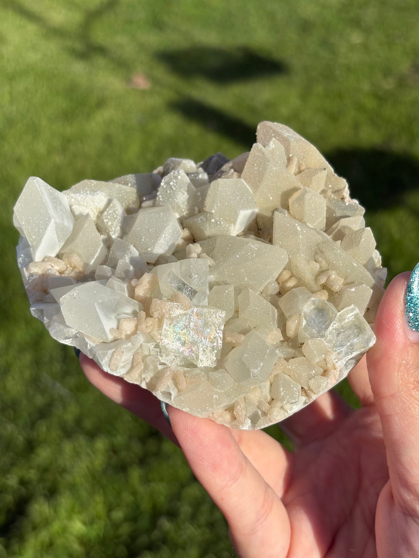 AAA Green & Gold Sugary coated Apophylite w/ Peach Stillbite Cluster