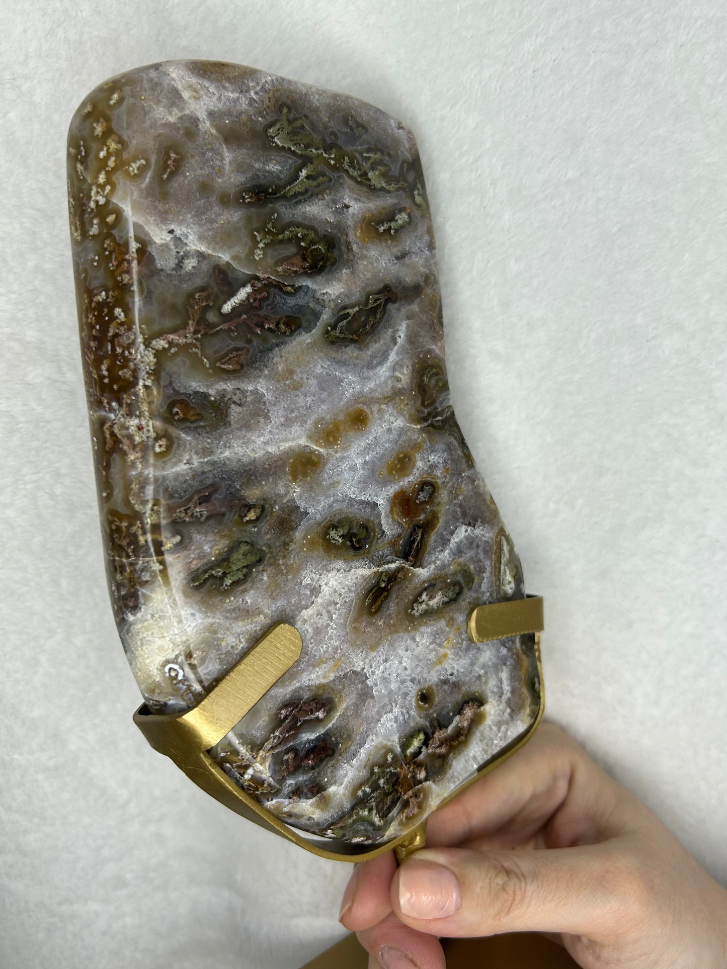 Druzy Agate w/ moss inclusions slab on stand