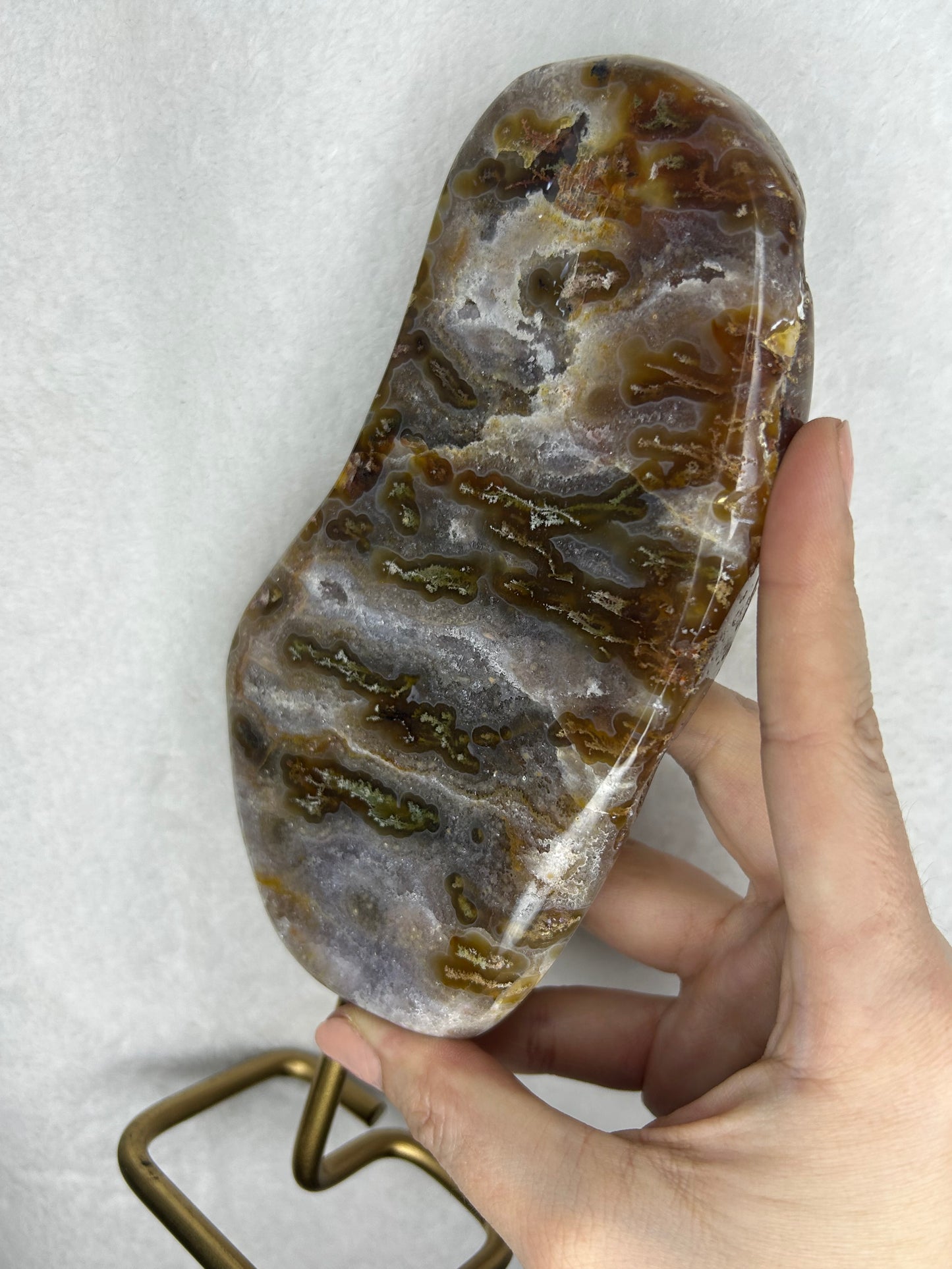 HQ druzy agate with moss inclusions slab on stand B