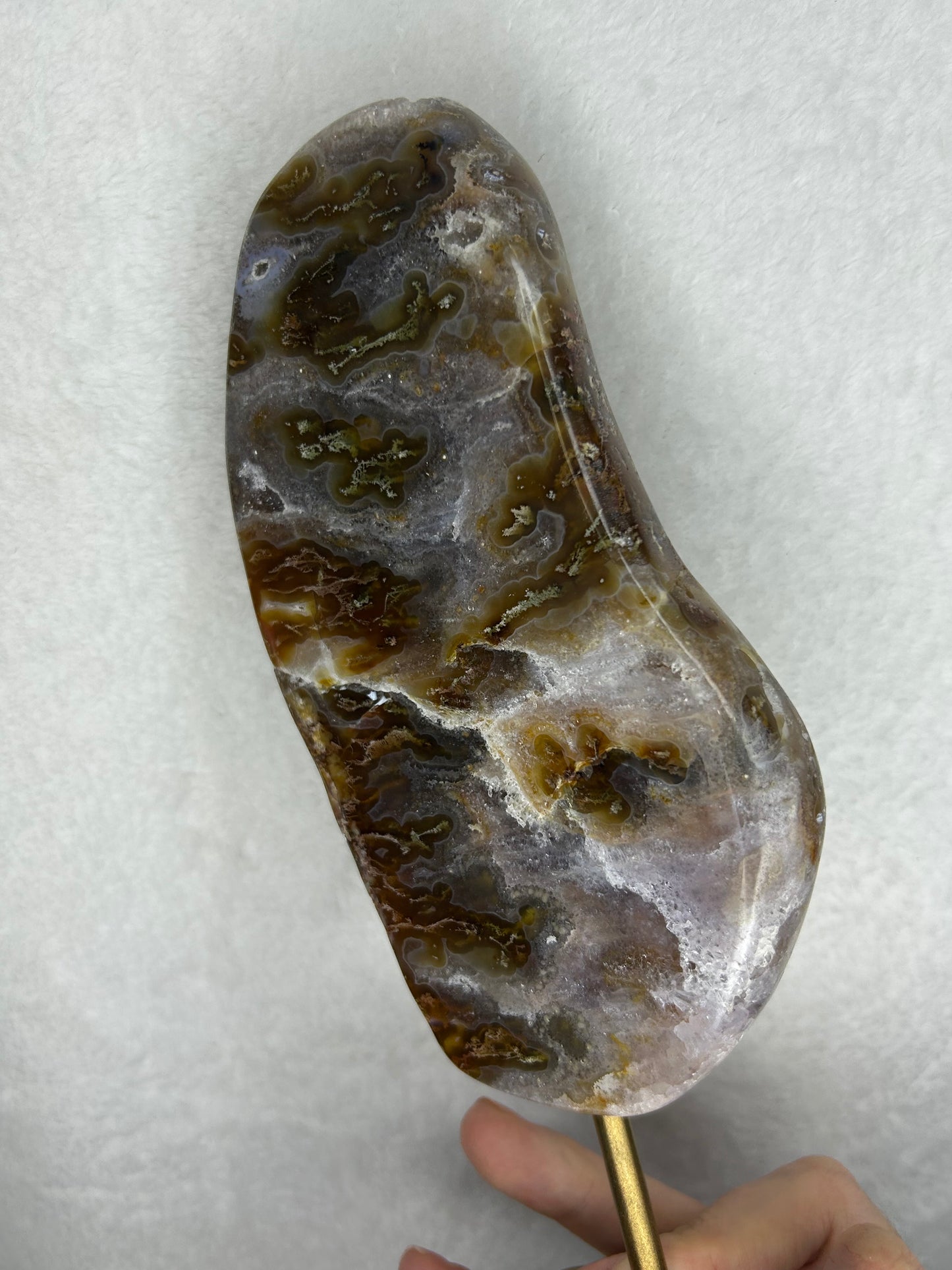 HQ druzy agate with moss inclusions slab on stand B