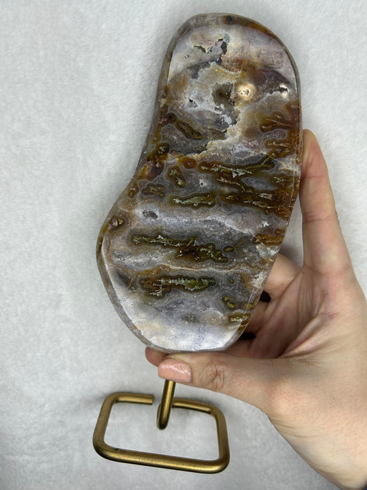 HQ druzy agate with moss inclusions slab on stand B
