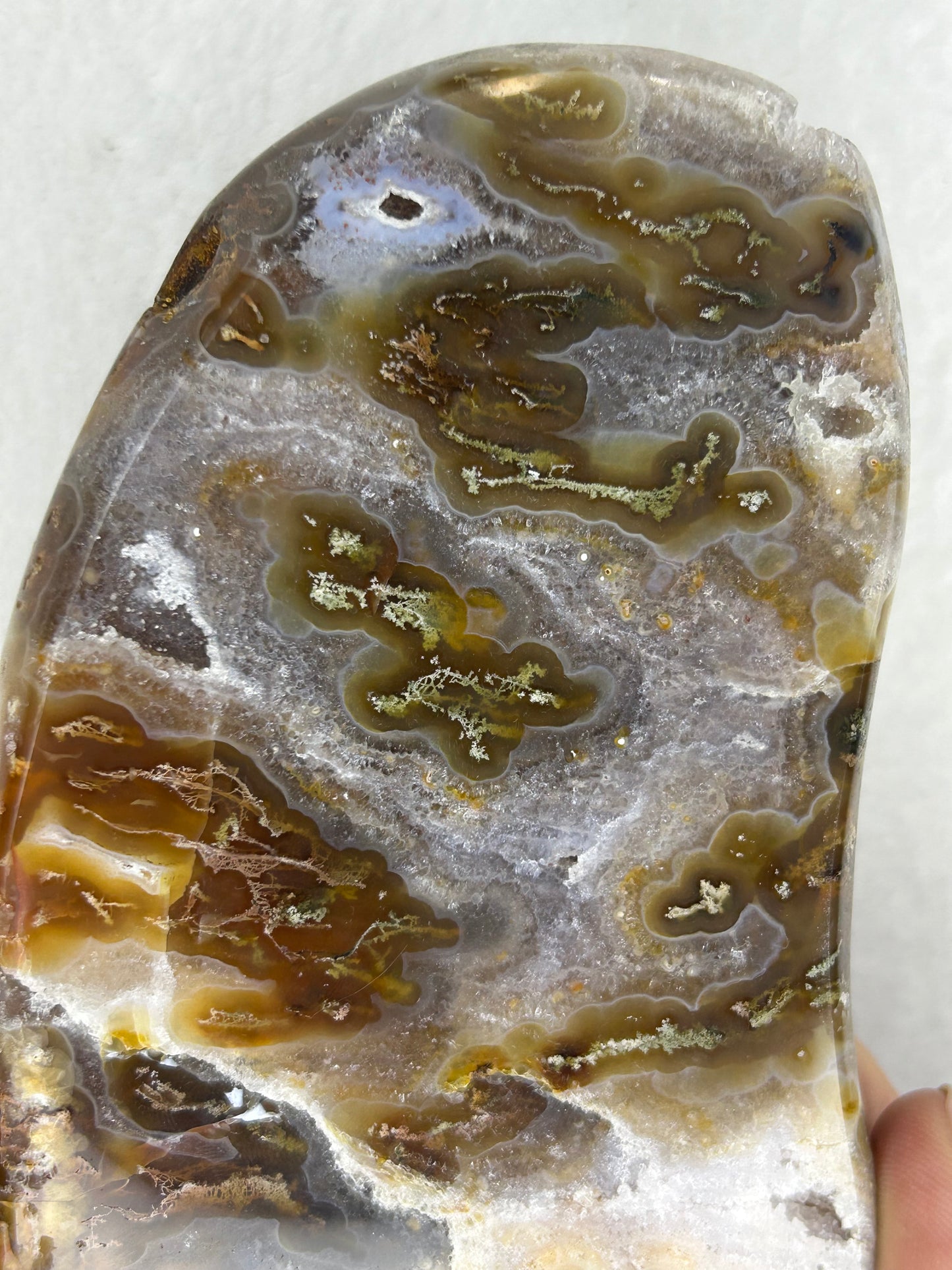 HQ druzy agate with moss inclusions slab on stand B