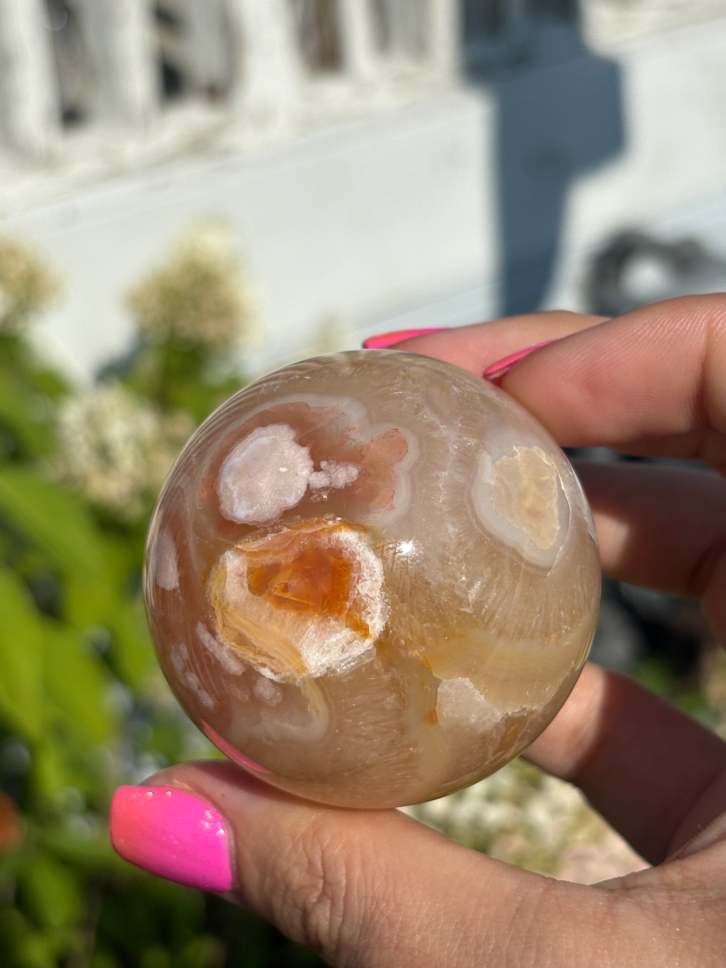 Carnelian flower agate sphere