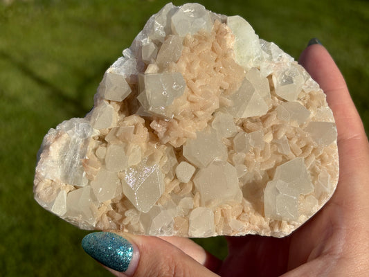 AAA Green & Gold Sugary coated Apophylite w/ Peach Stillbite Cluster