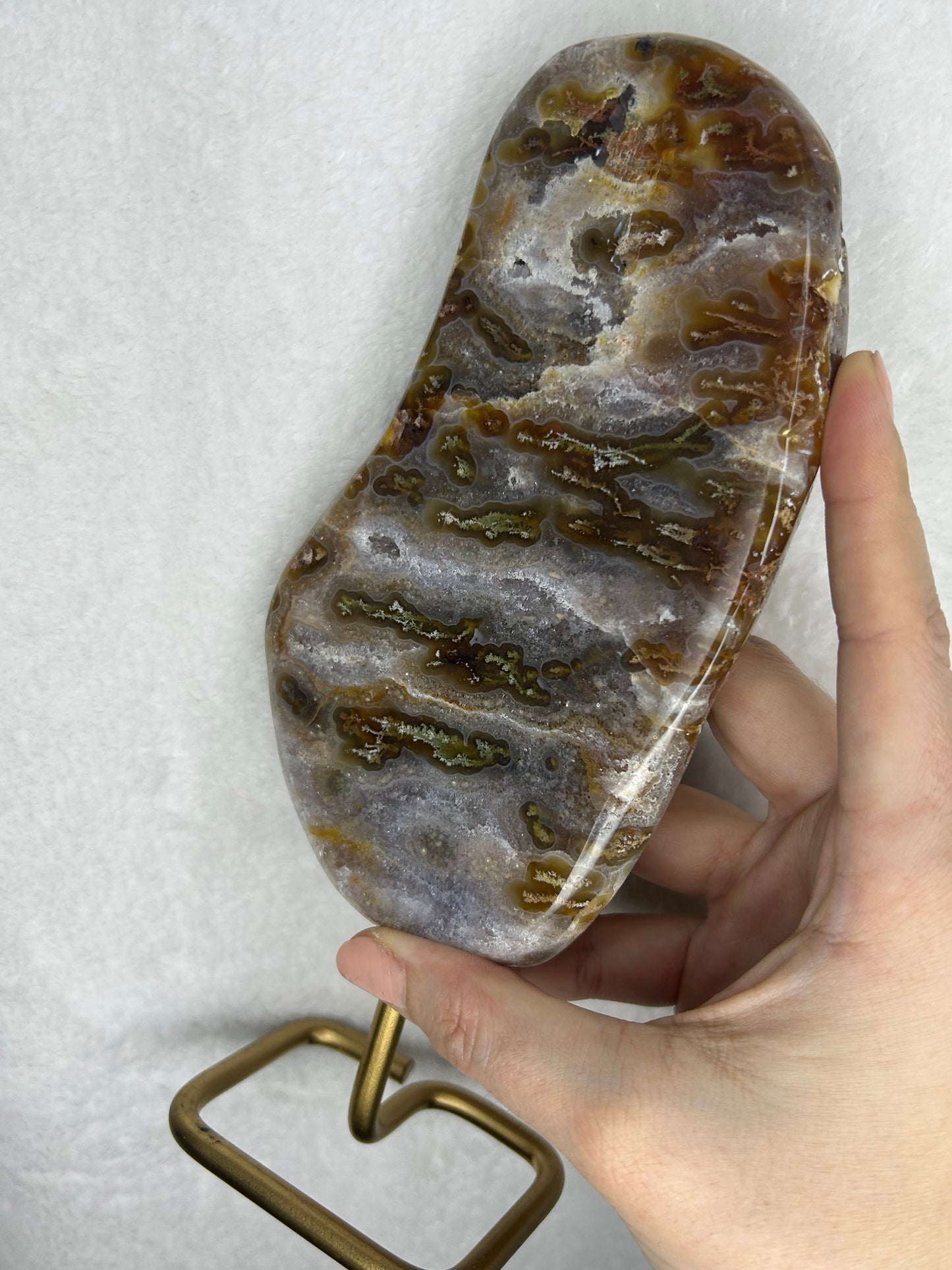 HQ druzy agate with moss inclusions slab on stand B