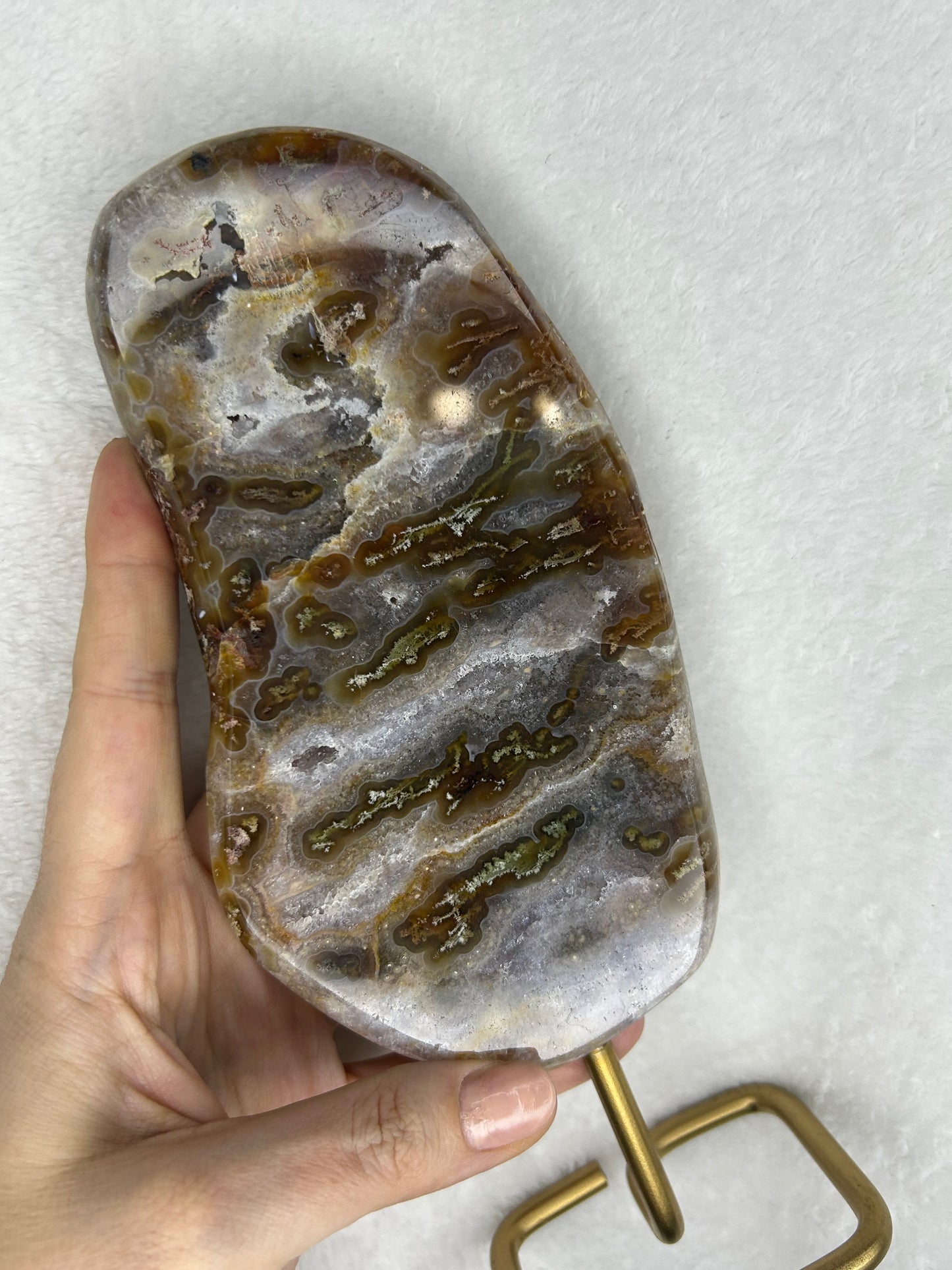 HQ druzy agate with moss inclusions slab on stand B