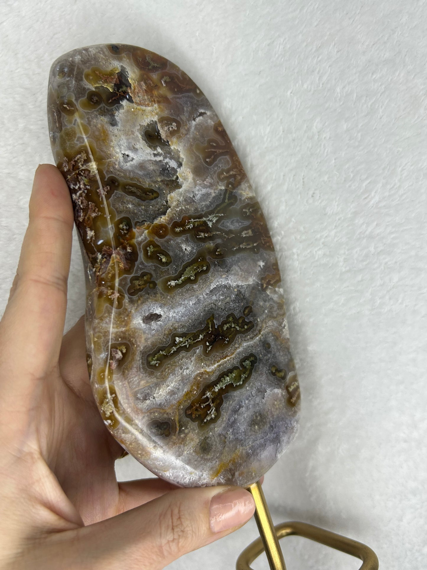 HQ druzy agate with moss inclusions slab on stand B