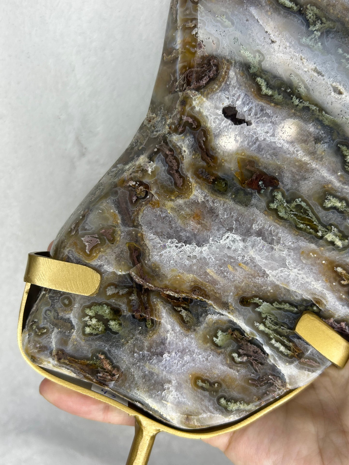 Druzy Agate w/ moss inclusions slab on stand