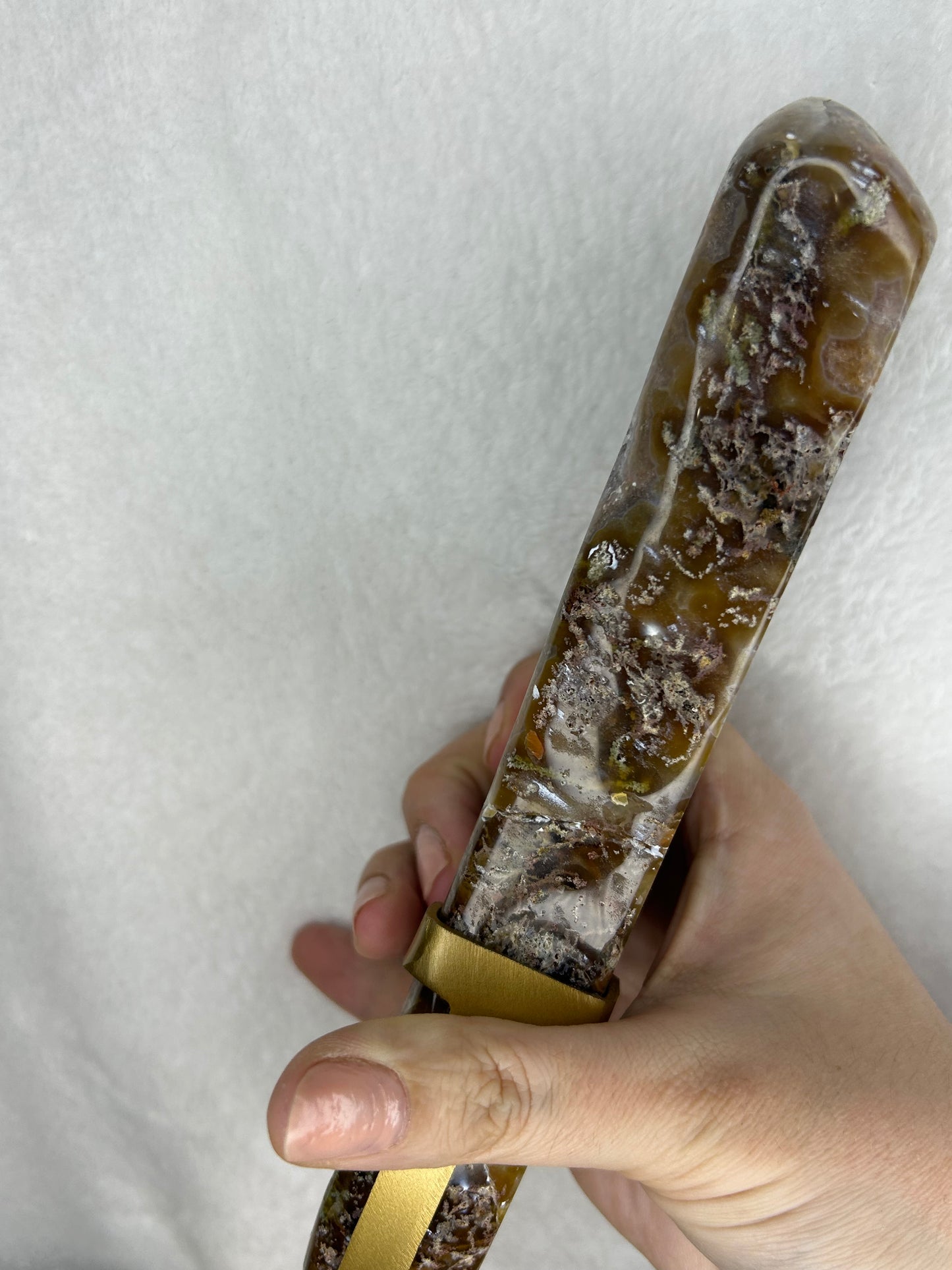 HQ druzy agate with moss inclusions slab on stand C