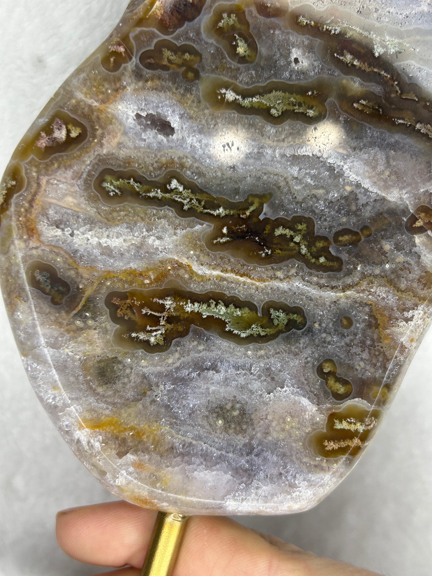 HQ druzy agate with moss inclusions slab on stand B