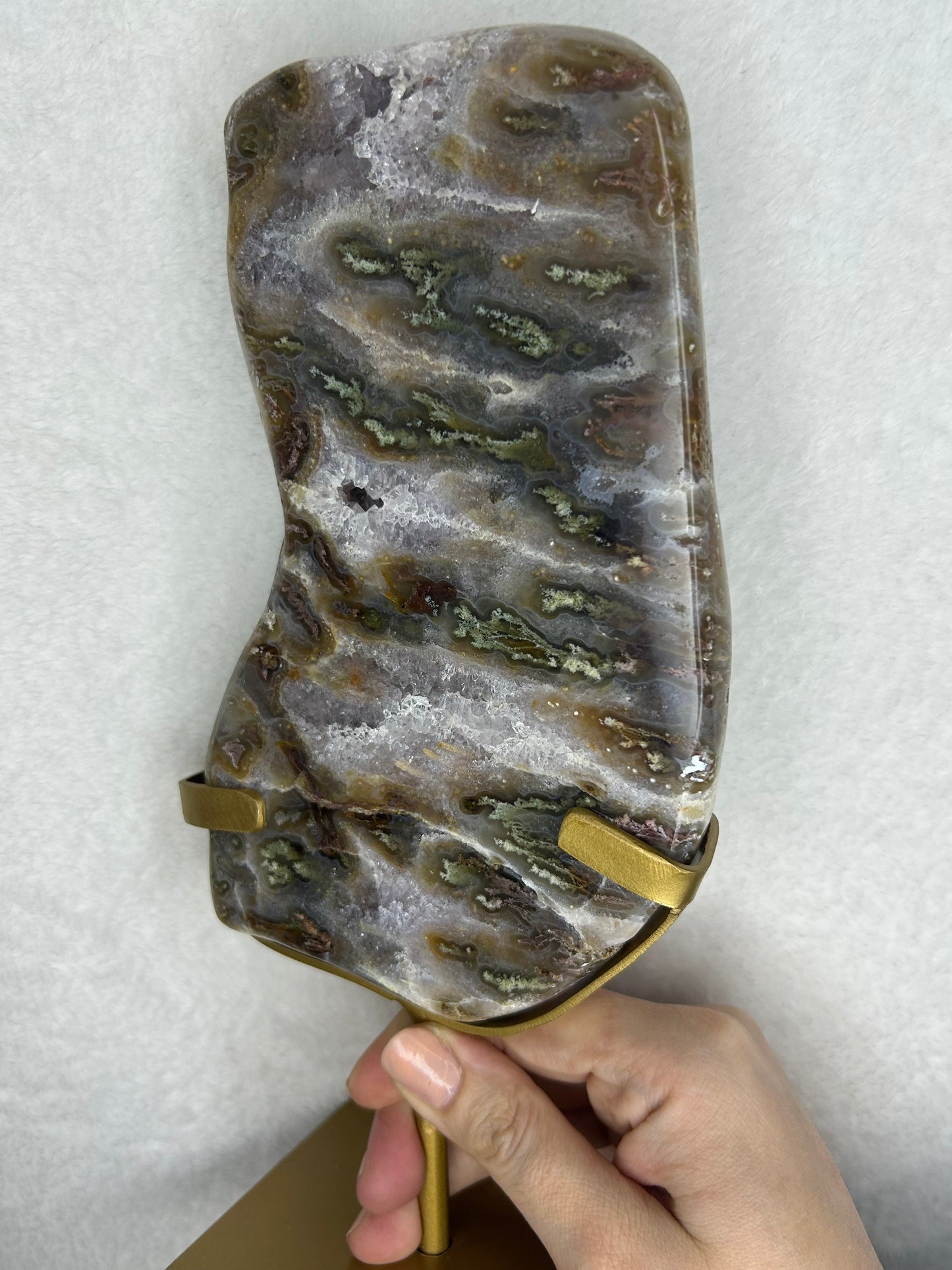Druzy Agate w/ moss inclusions slab on stand