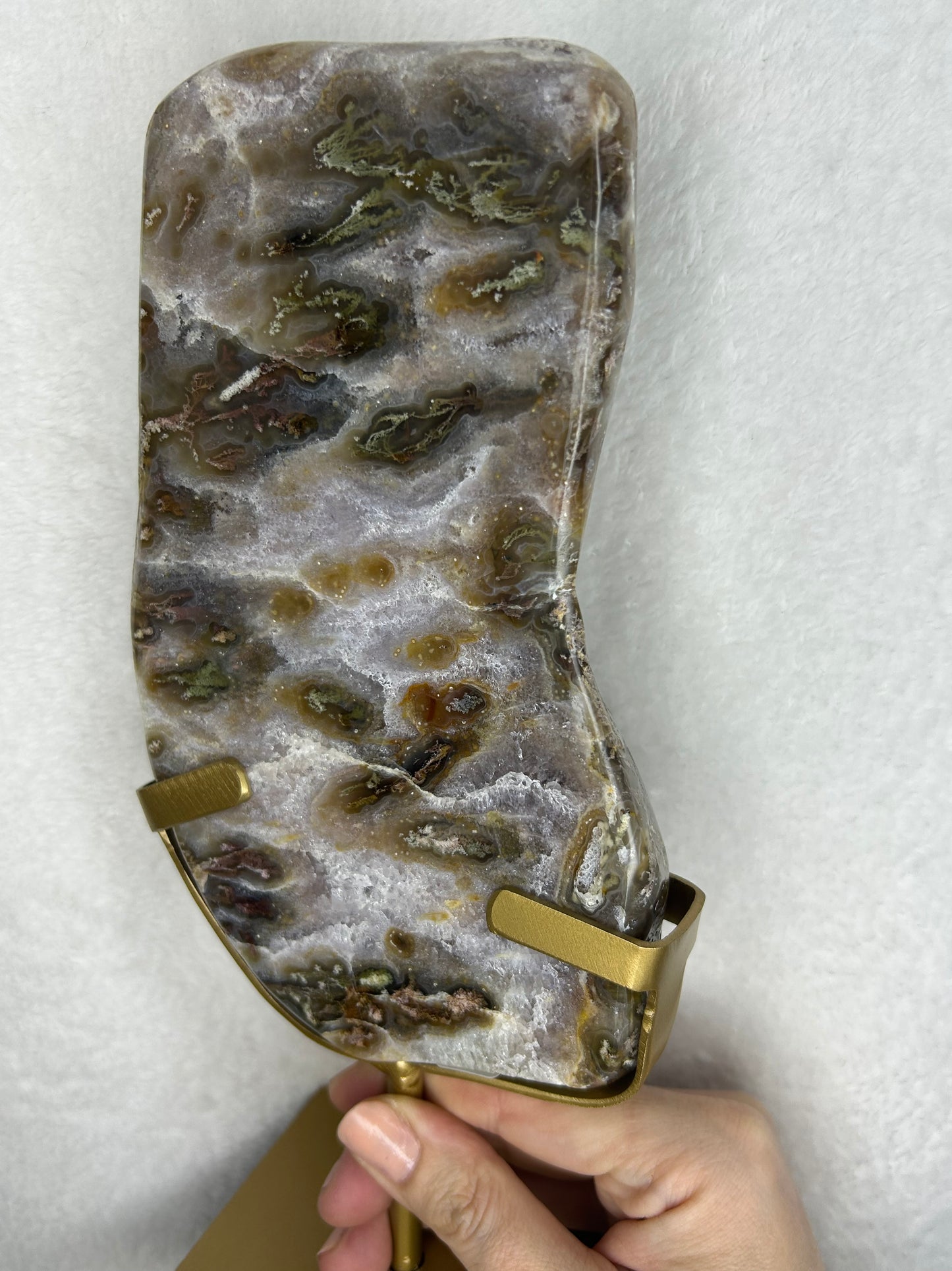 Druzy Agate w/ moss inclusions slab on stand