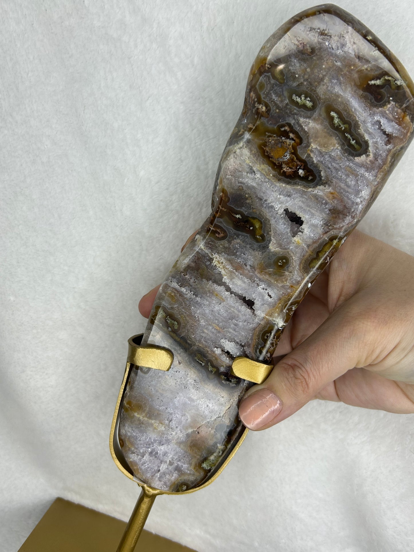 HQ druzy agate with moss inclusions slab on stand C