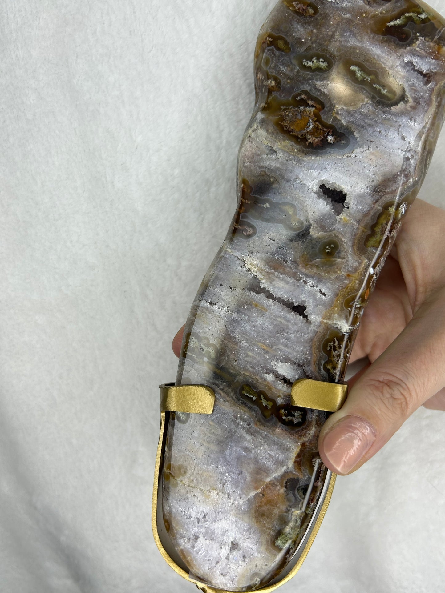 HQ druzy agate with moss inclusions slab on stand C