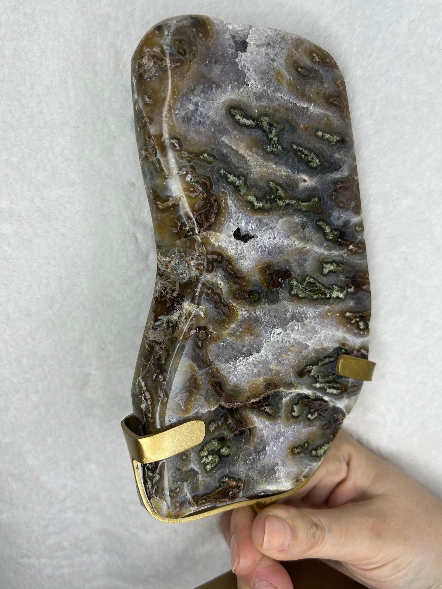 Druzy Agate w/ moss inclusions slab on stand