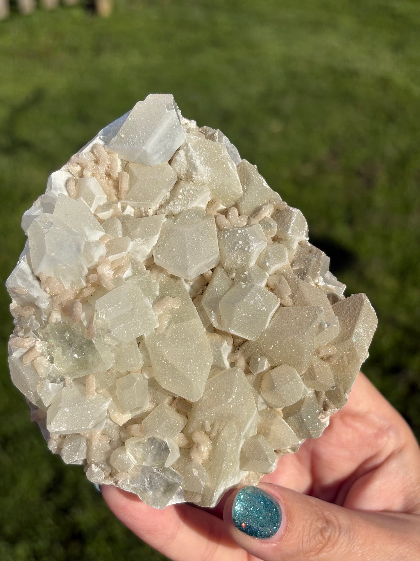AAA Green & Gold Sugary coated Apophylite w/ Peach Stillbite Cluster