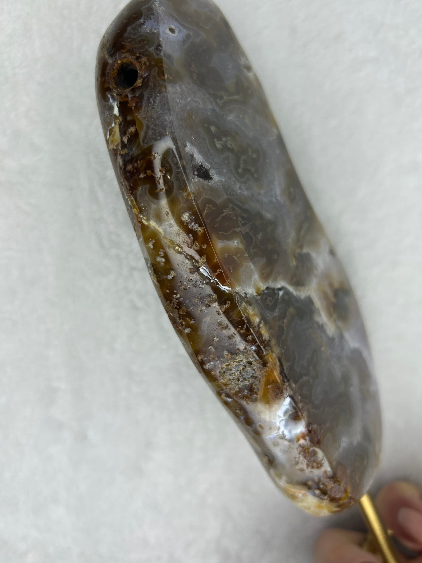 HQ druzy agate with moss inclusions slab on stand B