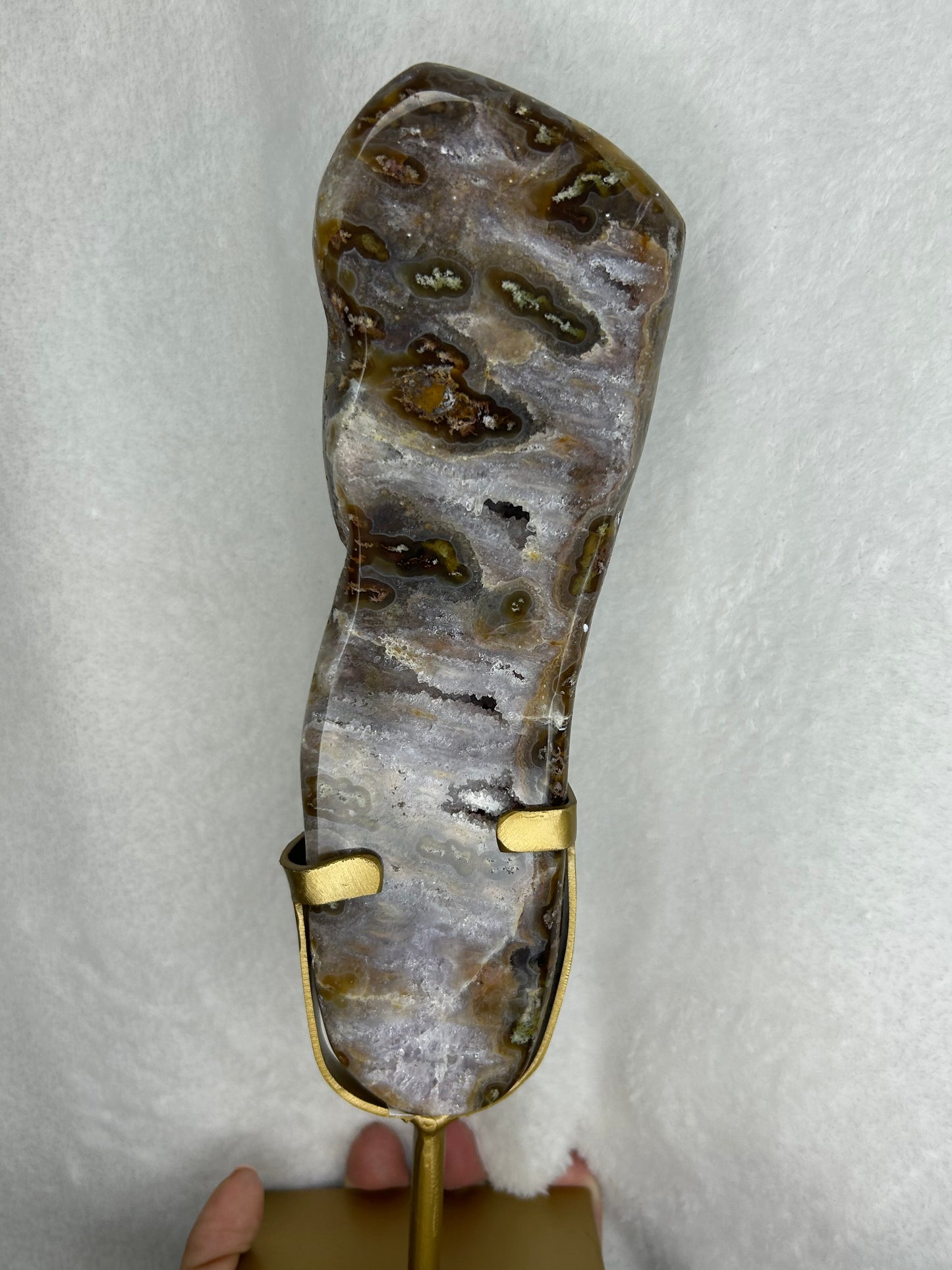 HQ druzy agate with moss inclusions slab on stand C