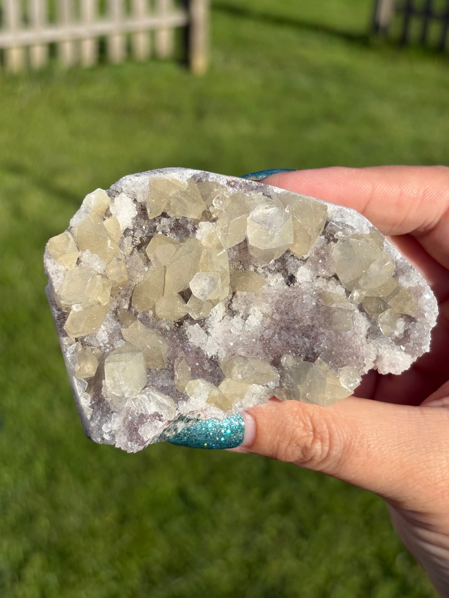 AAA Green Golden Apophylite on Vibrant Pink Druzy Bubble Chalcedony Cluster