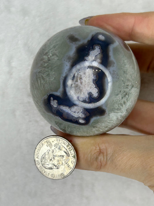 Green quartz & Black Flower Druzy Agate Sphere C