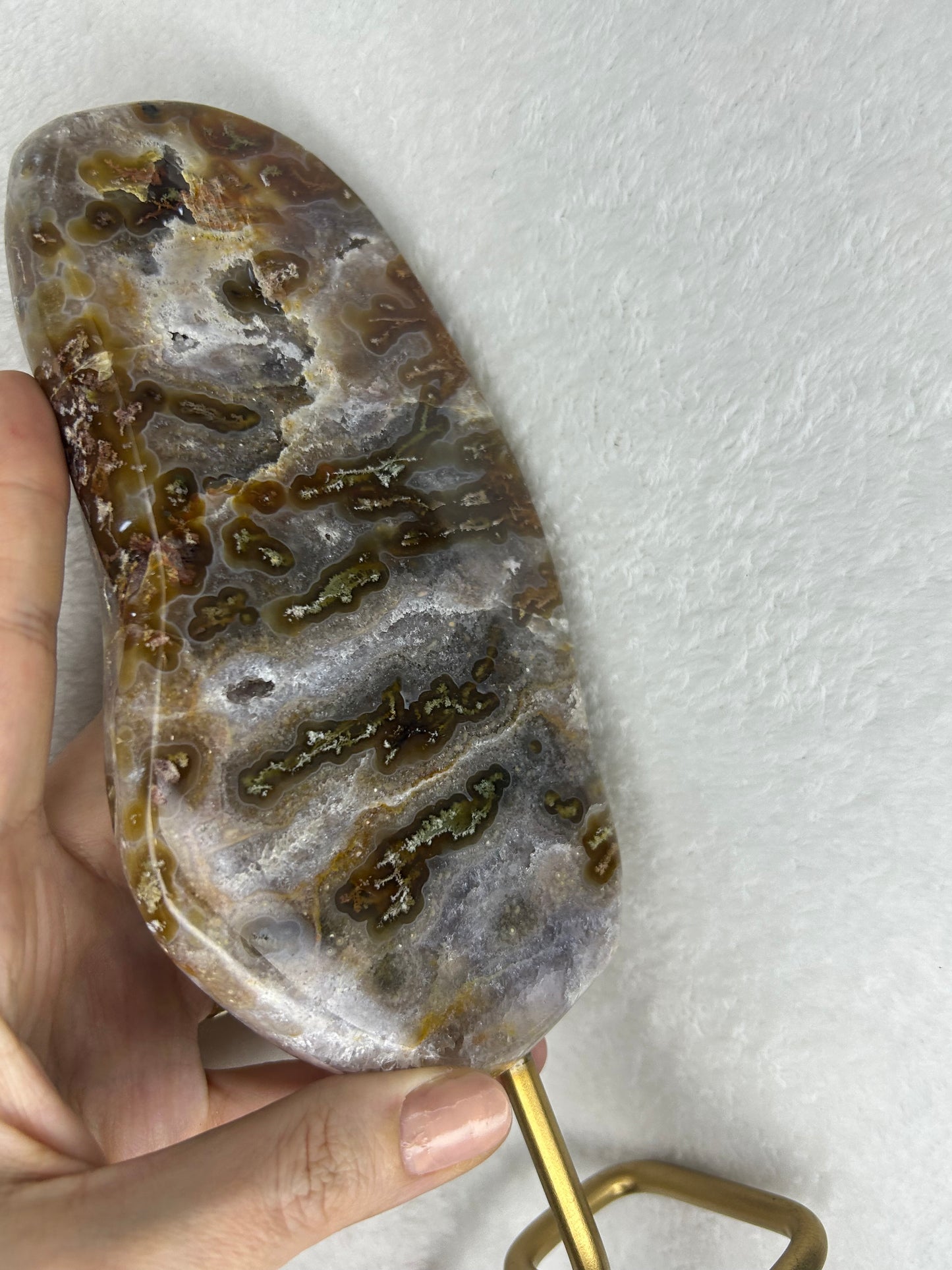 HQ druzy agate with moss inclusions slab on stand B