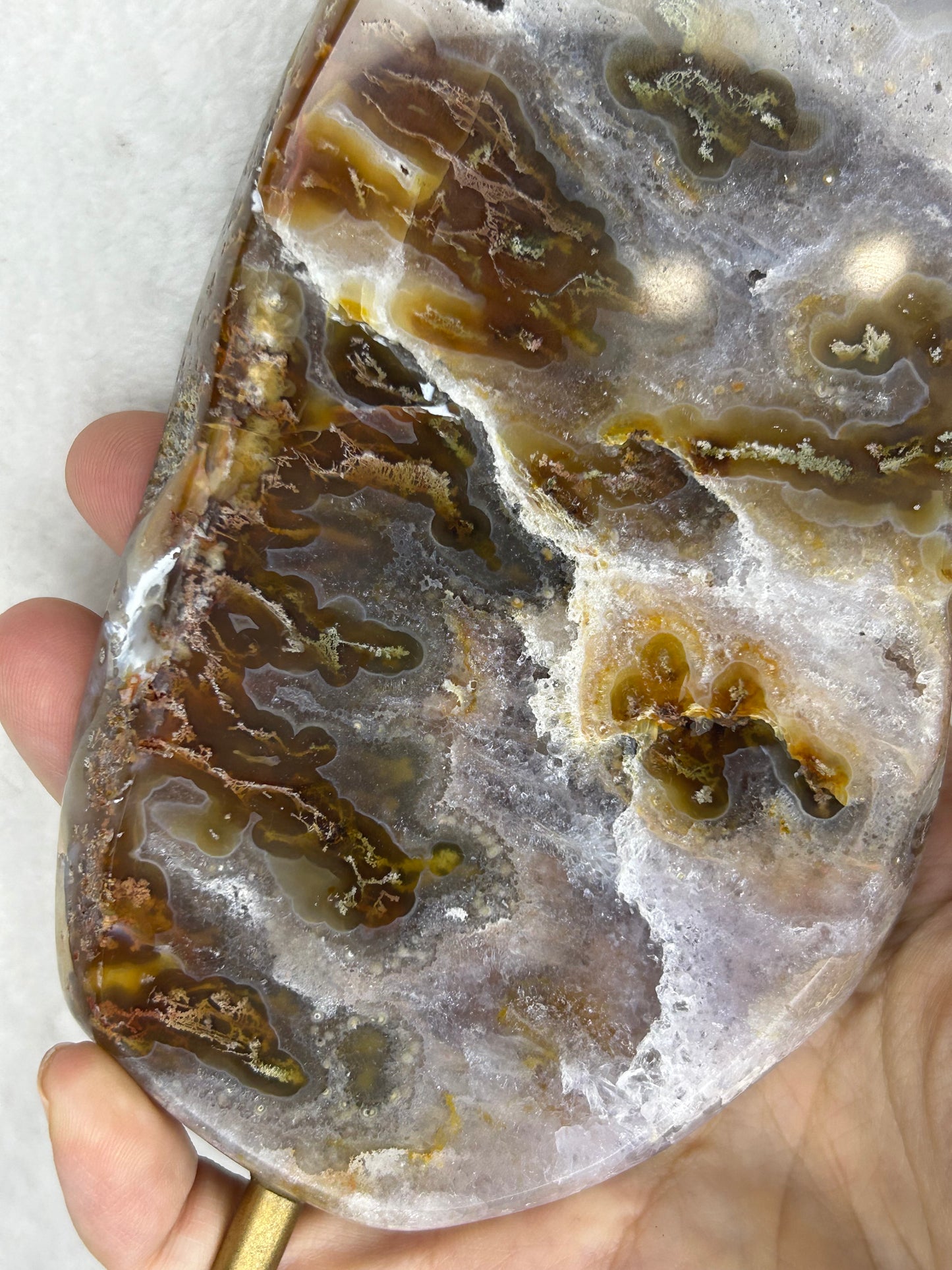 HQ druzy agate with moss inclusions slab on stand B