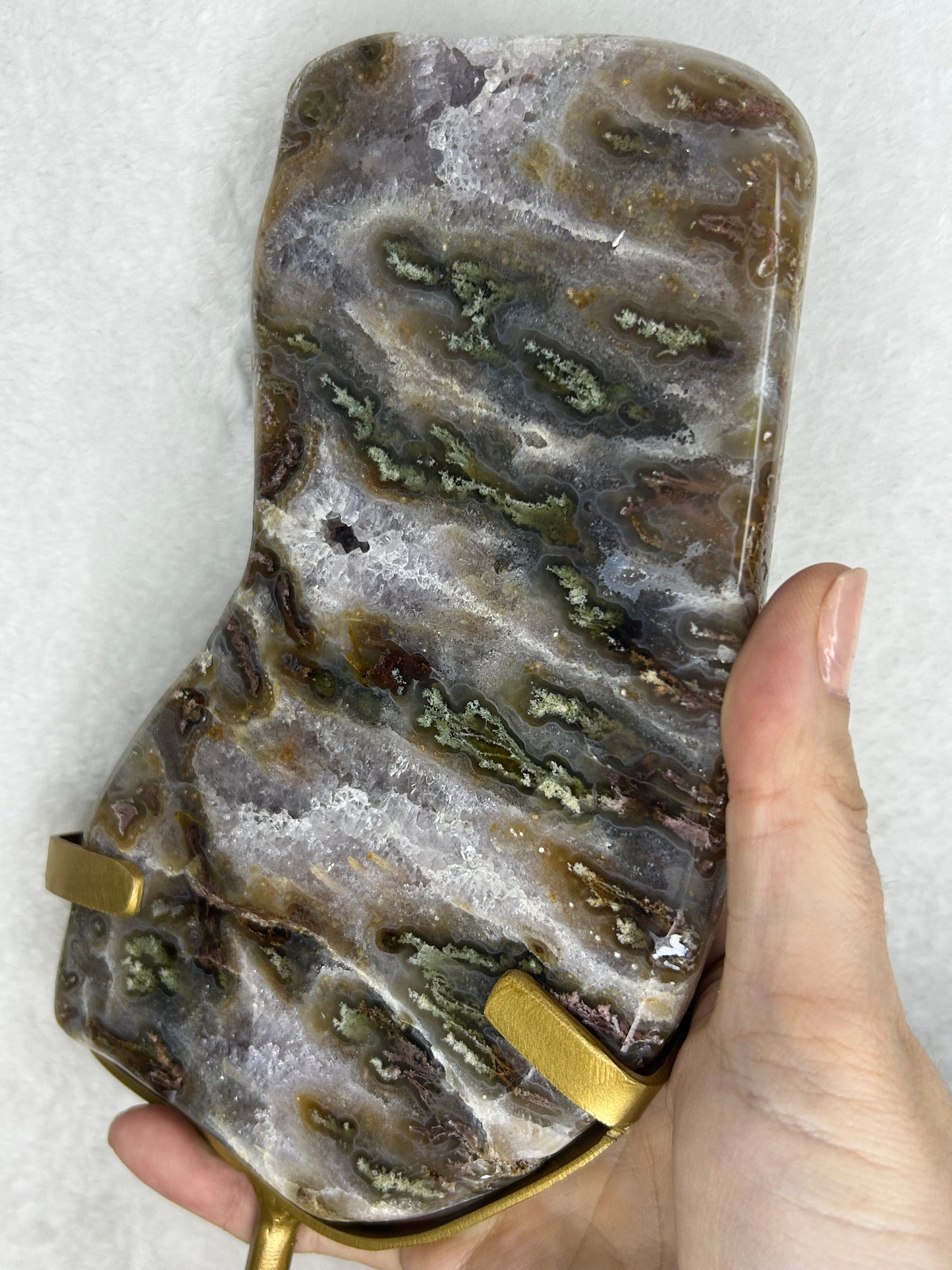 Druzy Agate w/ moss inclusions slab on stand