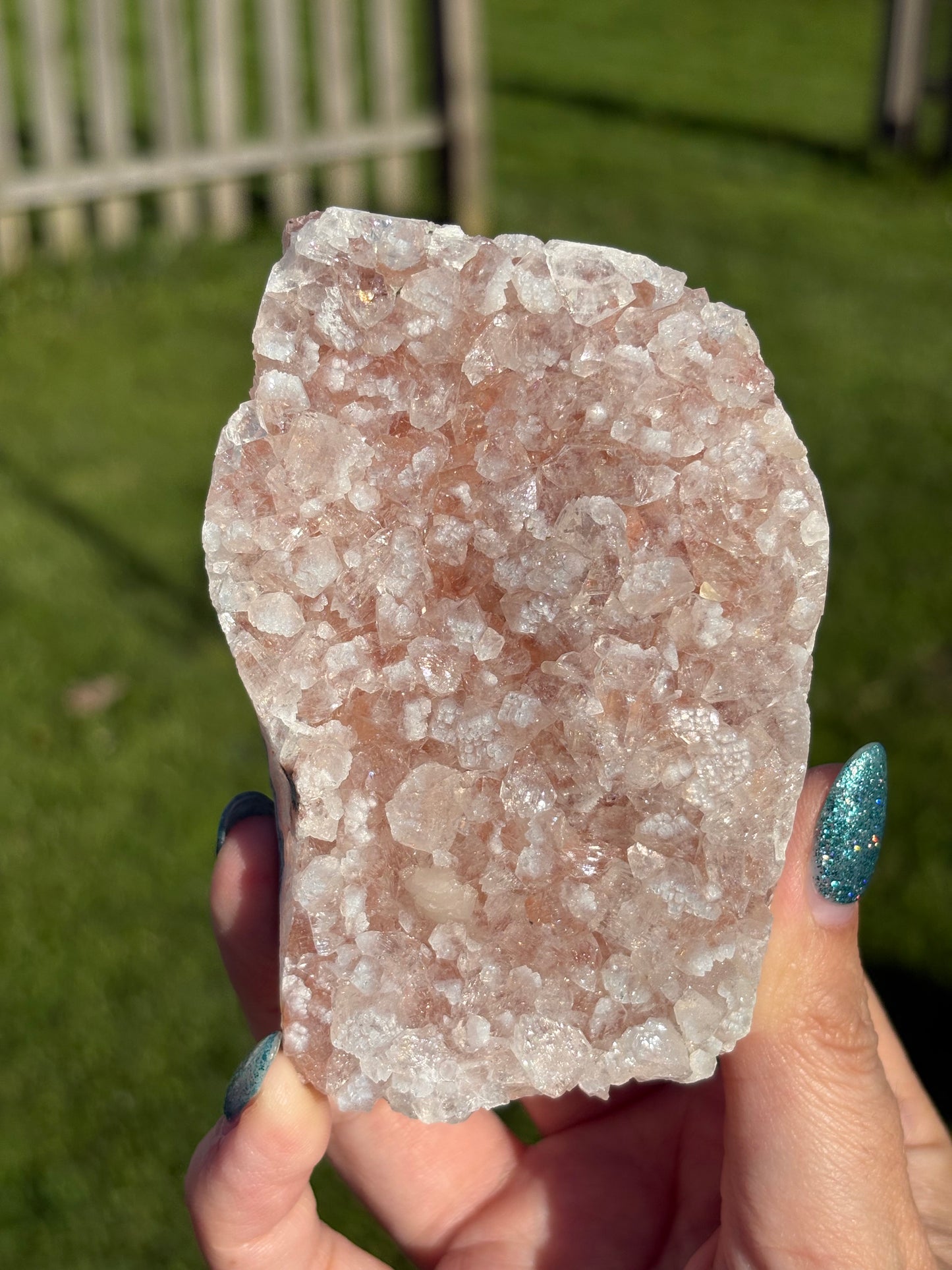 Pink, Green & Red Apophylite on Heulandite cluster