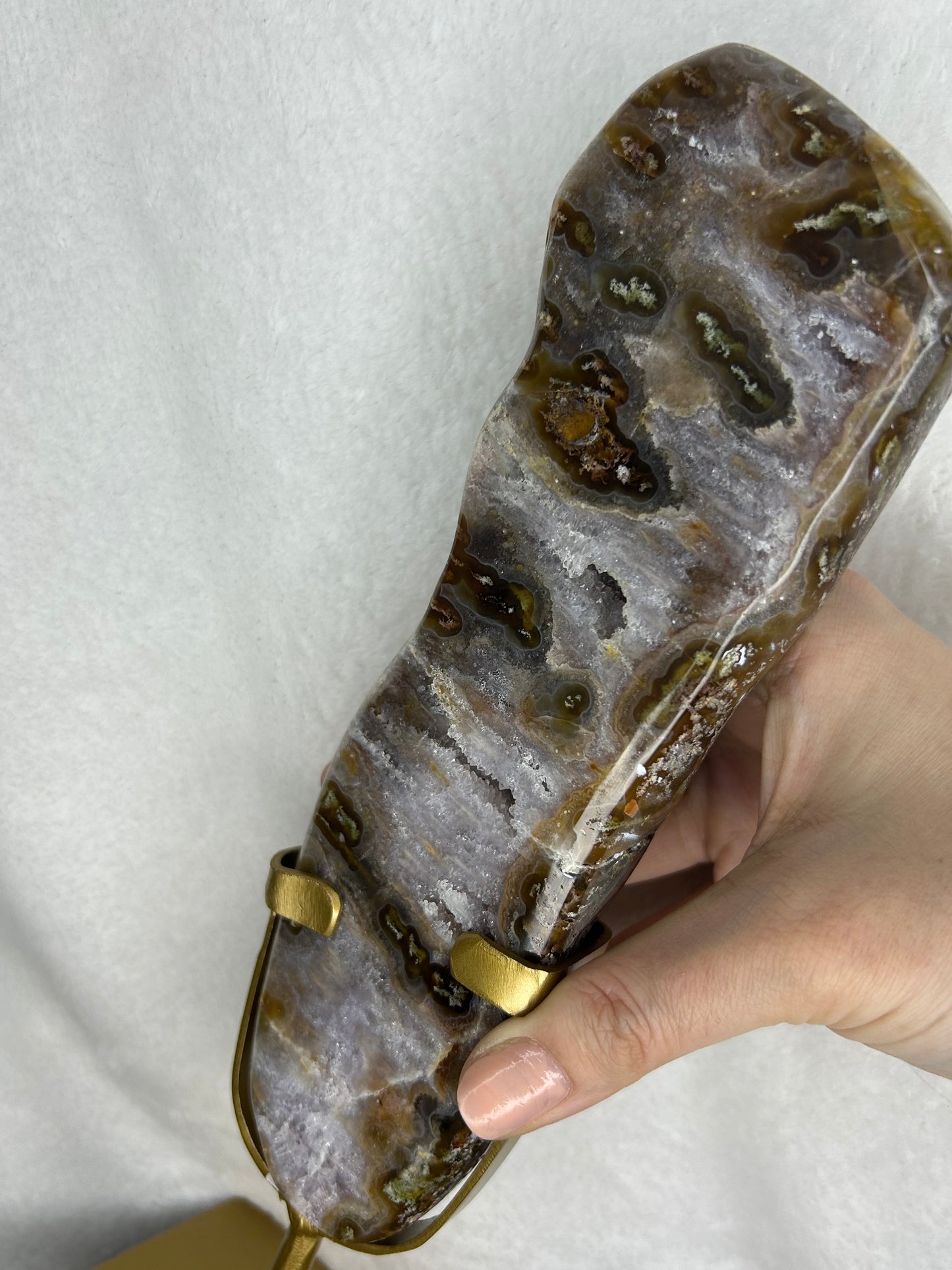 HQ druzy agate with moss inclusions slab on stand C