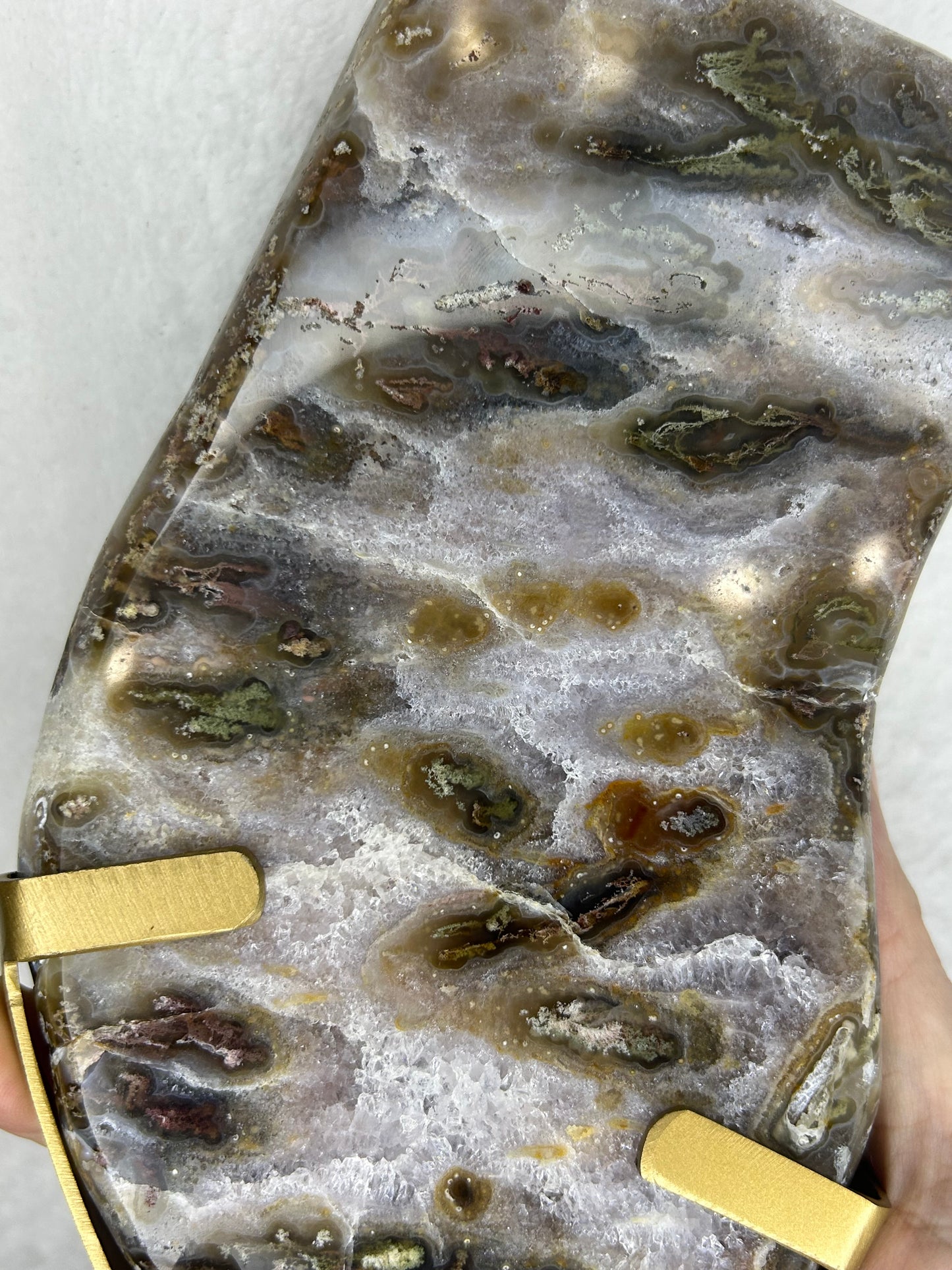 Druzy Agate w/ moss inclusions slab on stand