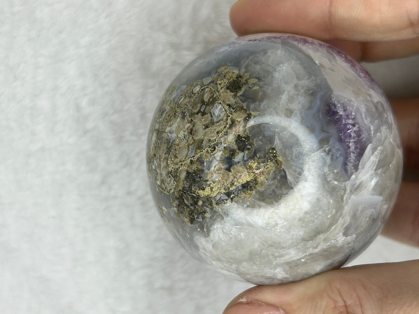 Amethyst, pink calcite & Druzy agate sphere A