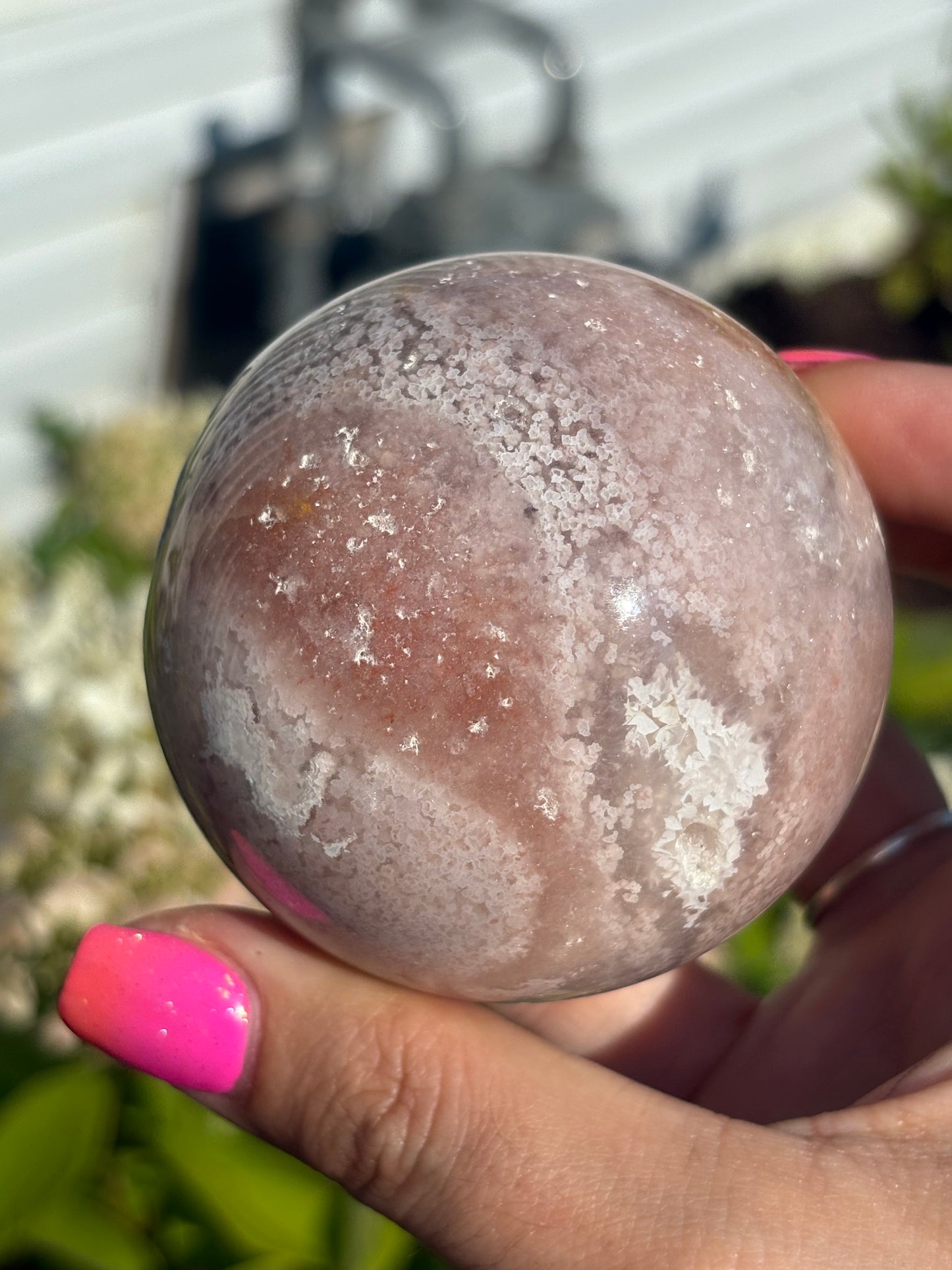 Unique pink flower agate sphere