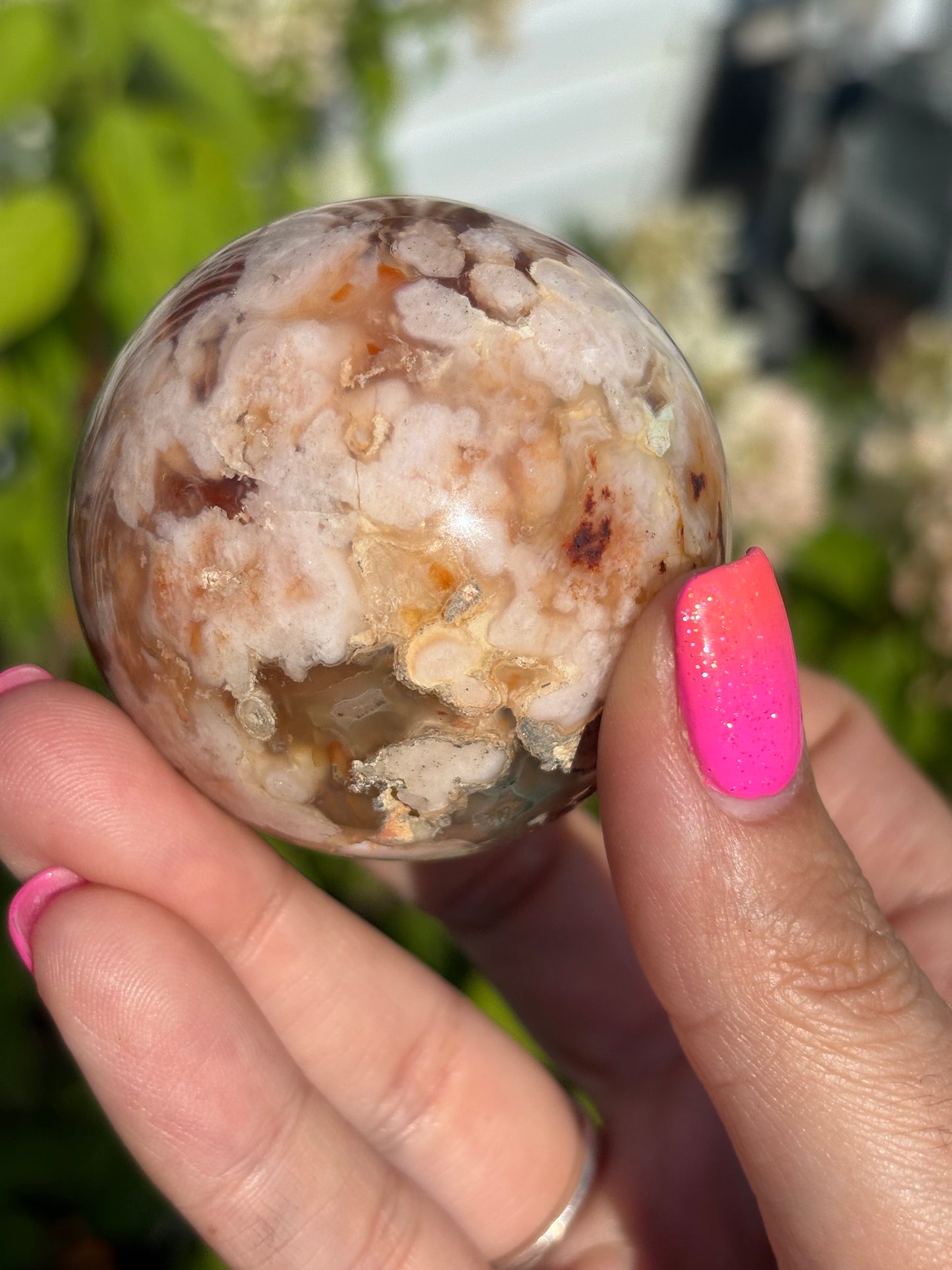 Carnelian flower agate sphere