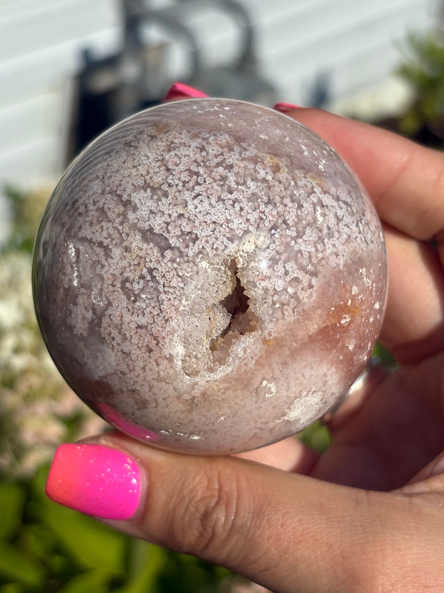 Unique pink flower agate sphere