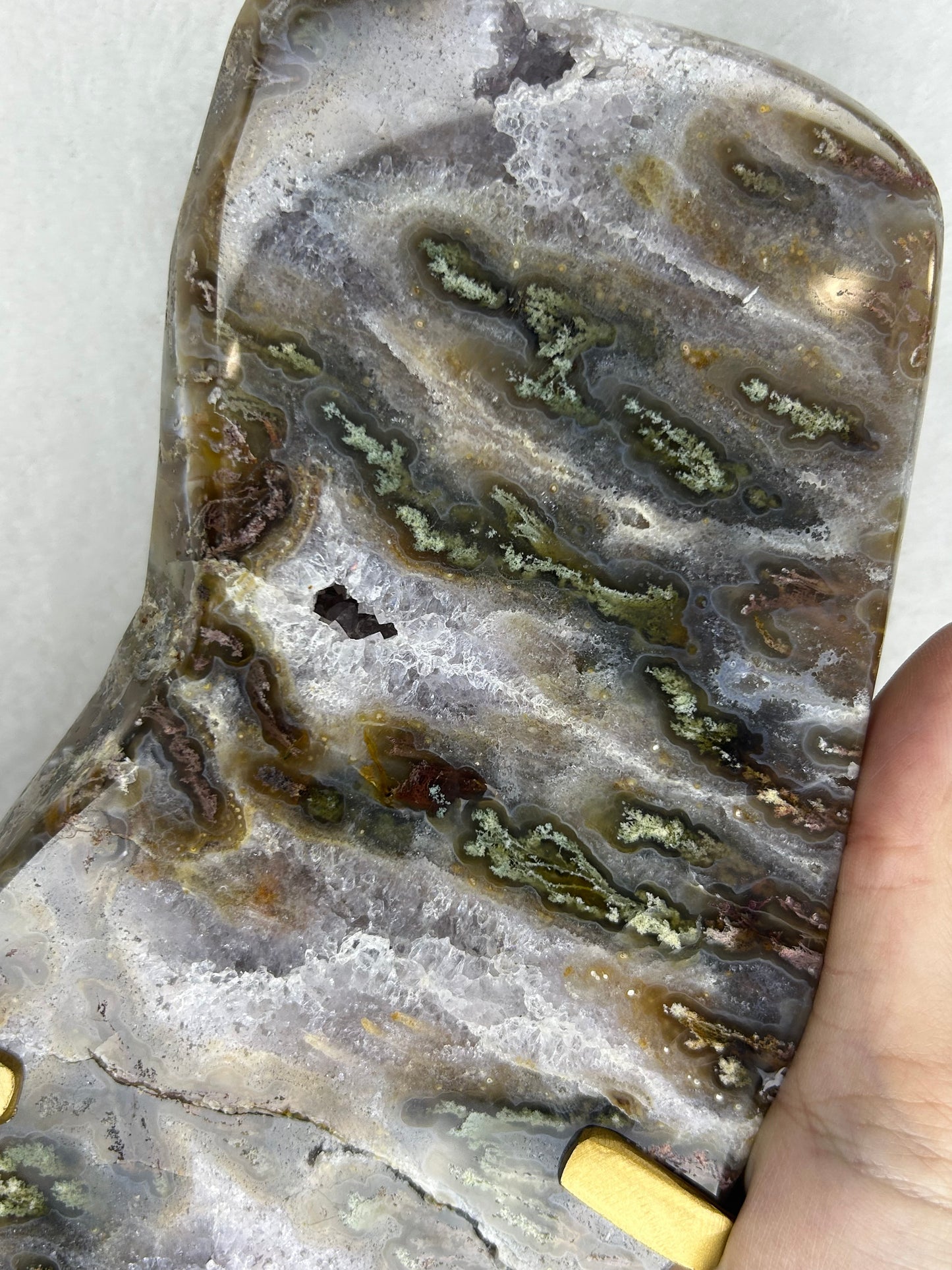 Druzy Agate w/ moss inclusions slab on stand