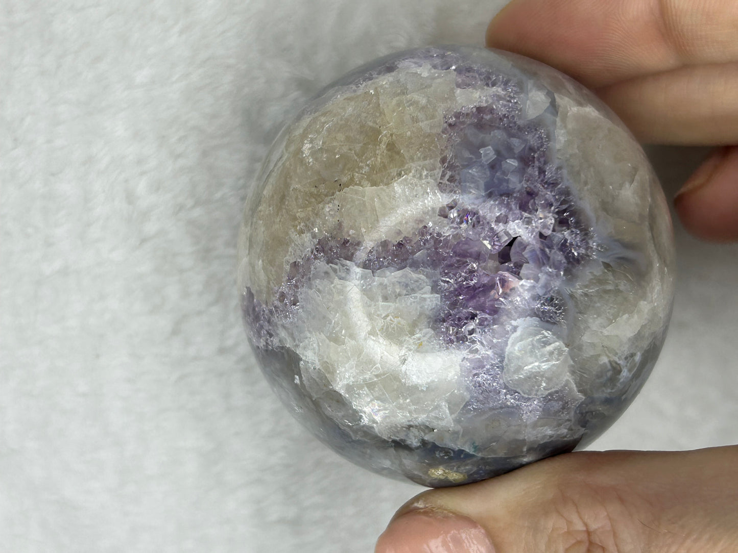Amethyst, pink calcite & Druzy agate sphere A