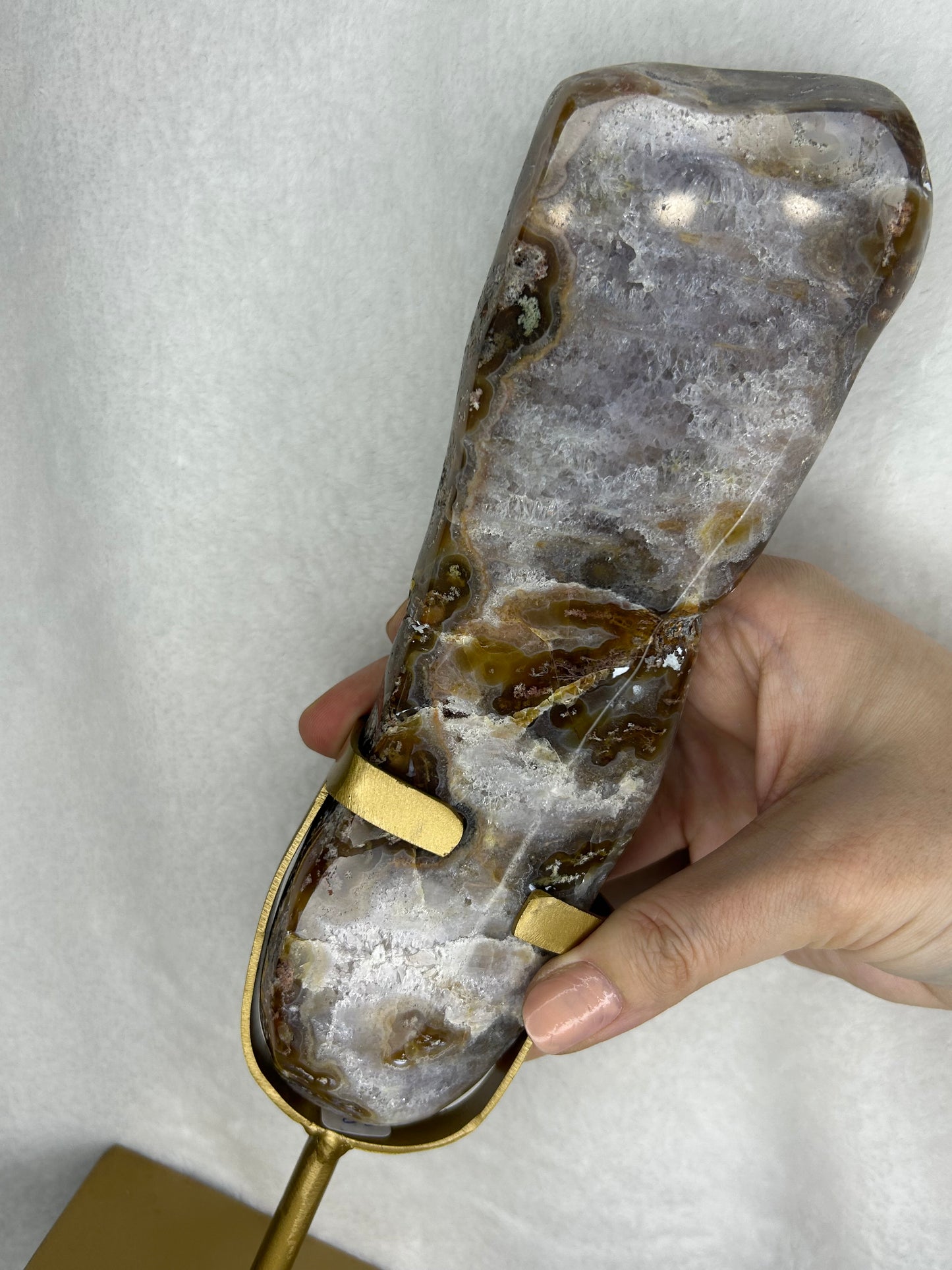 HQ druzy agate with moss inclusions slab on stand C