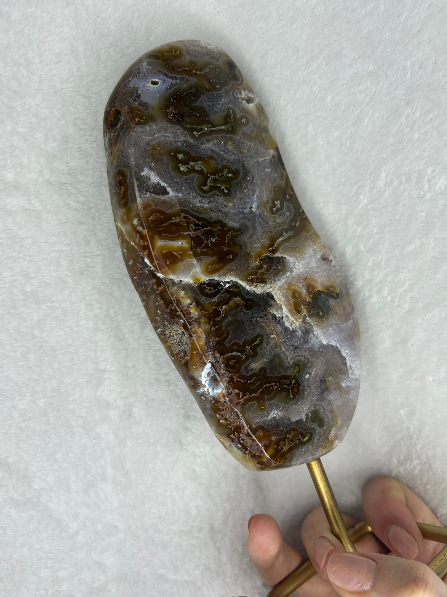 HQ druzy agate with moss inclusions slab on stand B