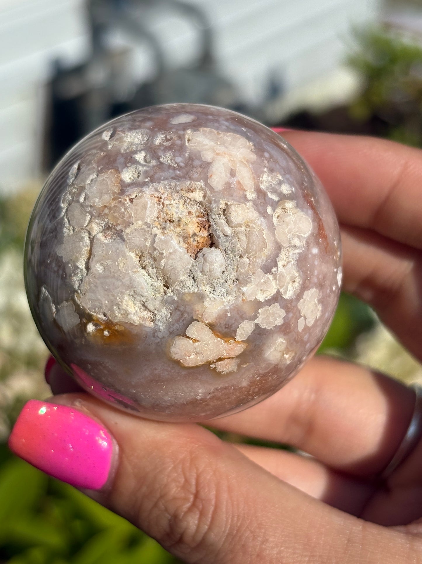 Pink flower agate sphere